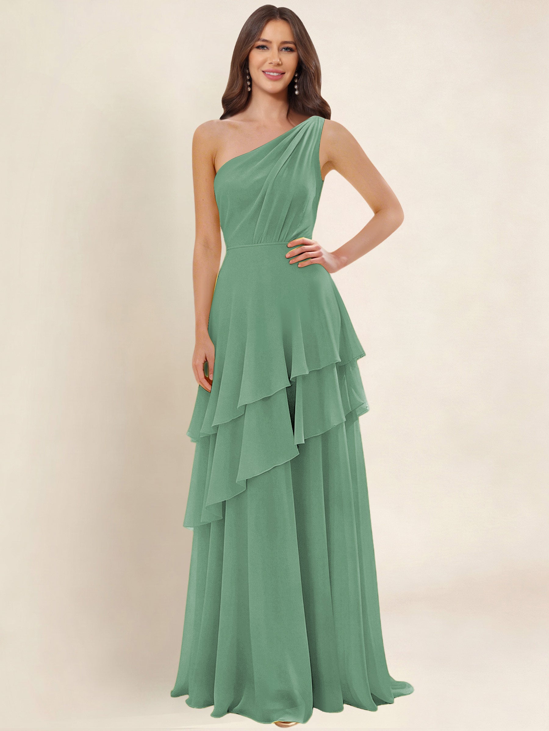 ROVDESY A-Line One Shoulder Pleated Tiered Chiffon Bridesmaid Dress