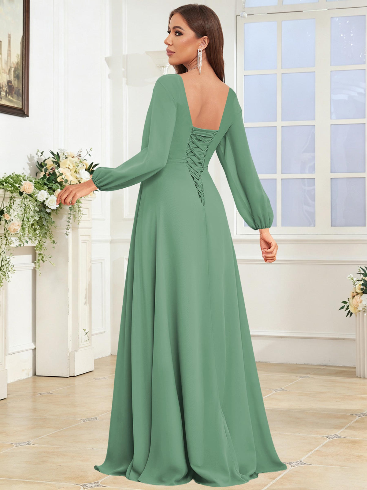 V Neck Chiffon Long Sleeve Bridesmaid Dresses with Slit