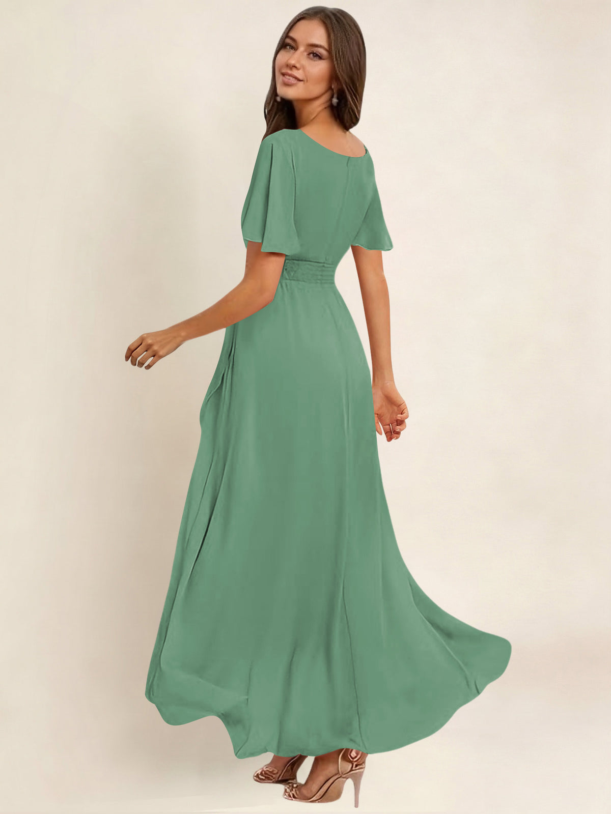 ROVDESY A-Line High Low Round Neck Pleated Ruffle Chiffon Bridesmaid Dress With Short Sleeves
