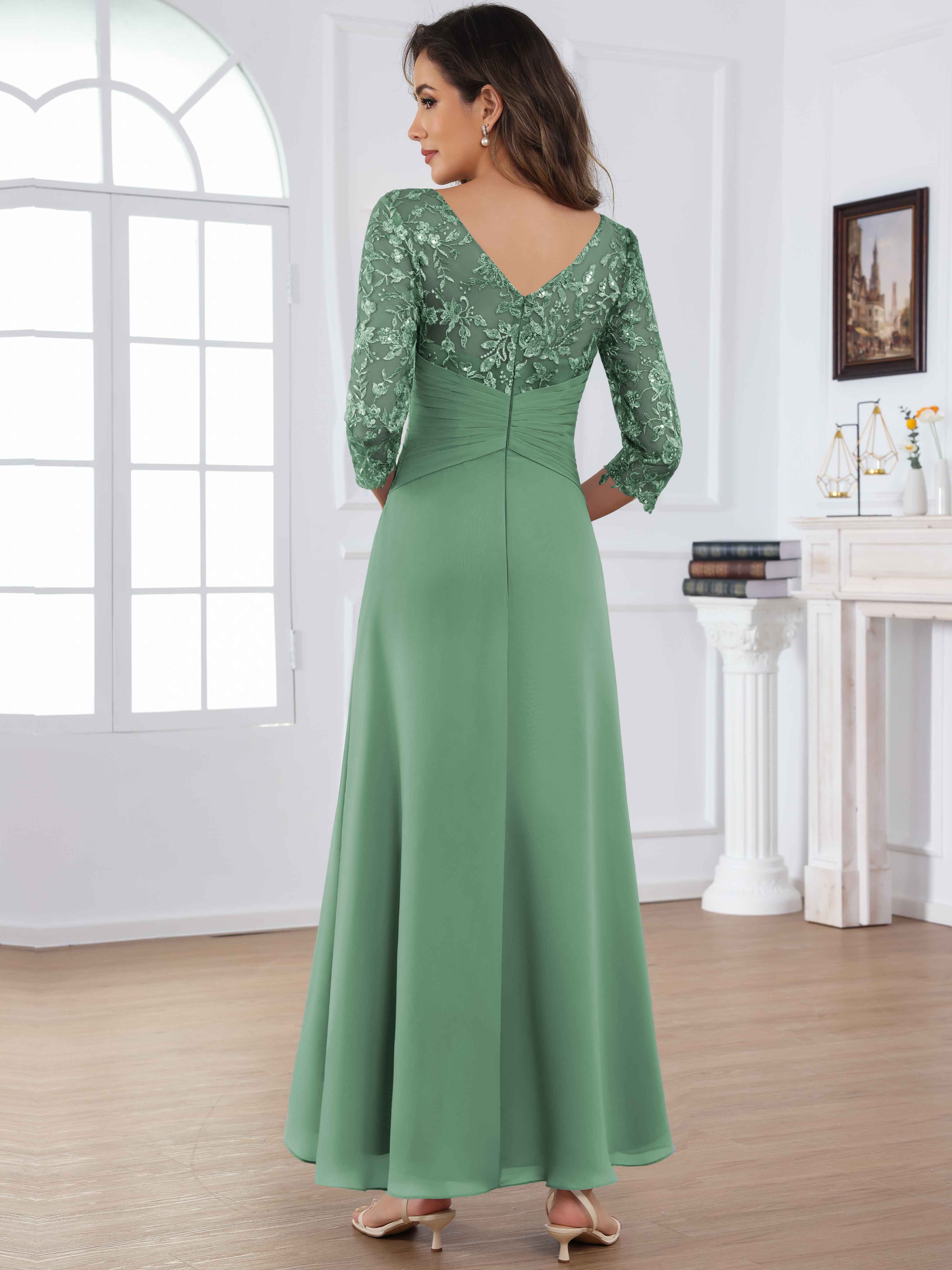 ROVDESY Tea Length Lace Chiffon Mother of The Bride Dress with 3/4 Sleeves