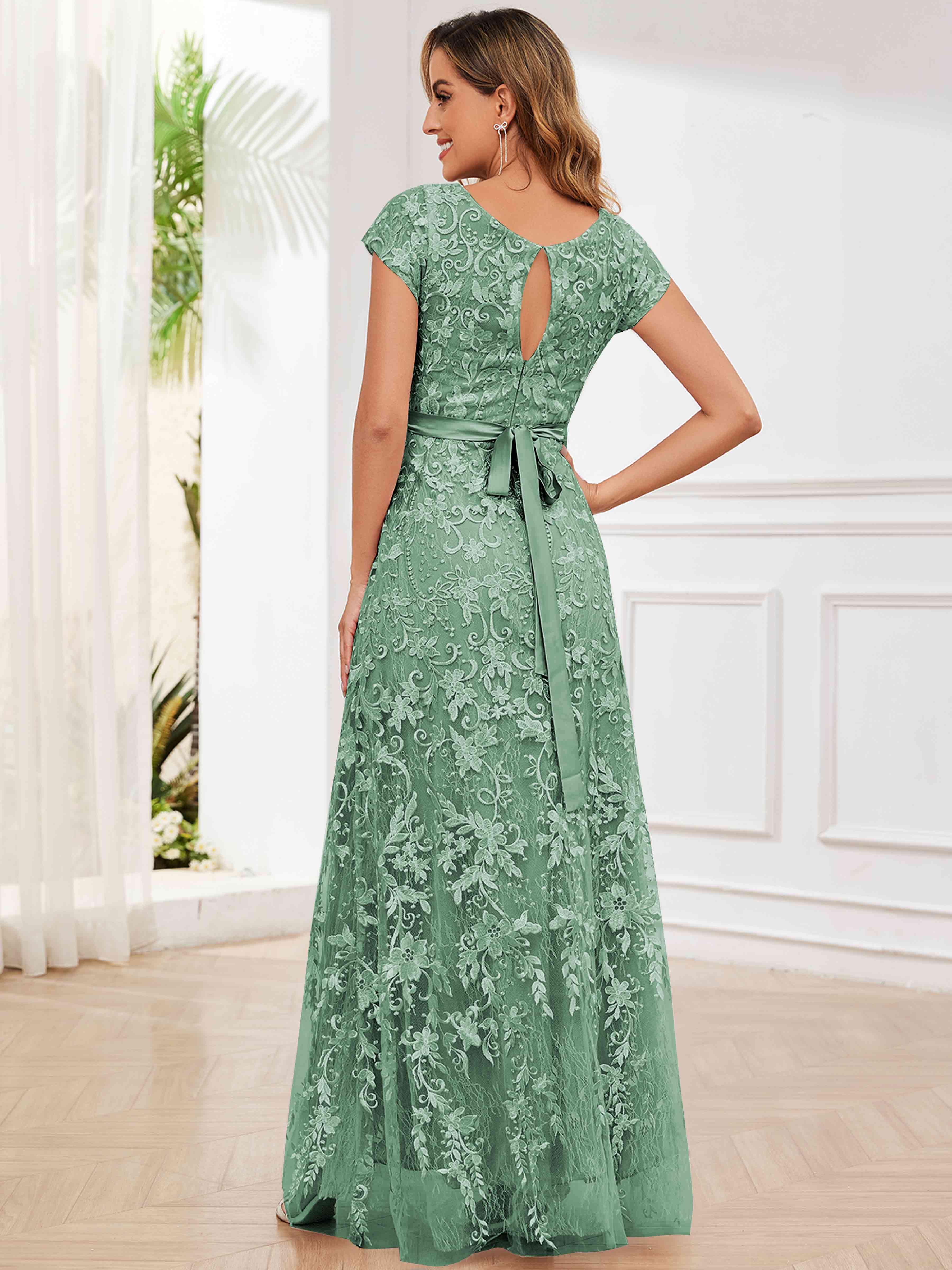 ROVDESY Elegant Lace Mother Of The Bride Dress With Short Sleeves Formal Gown