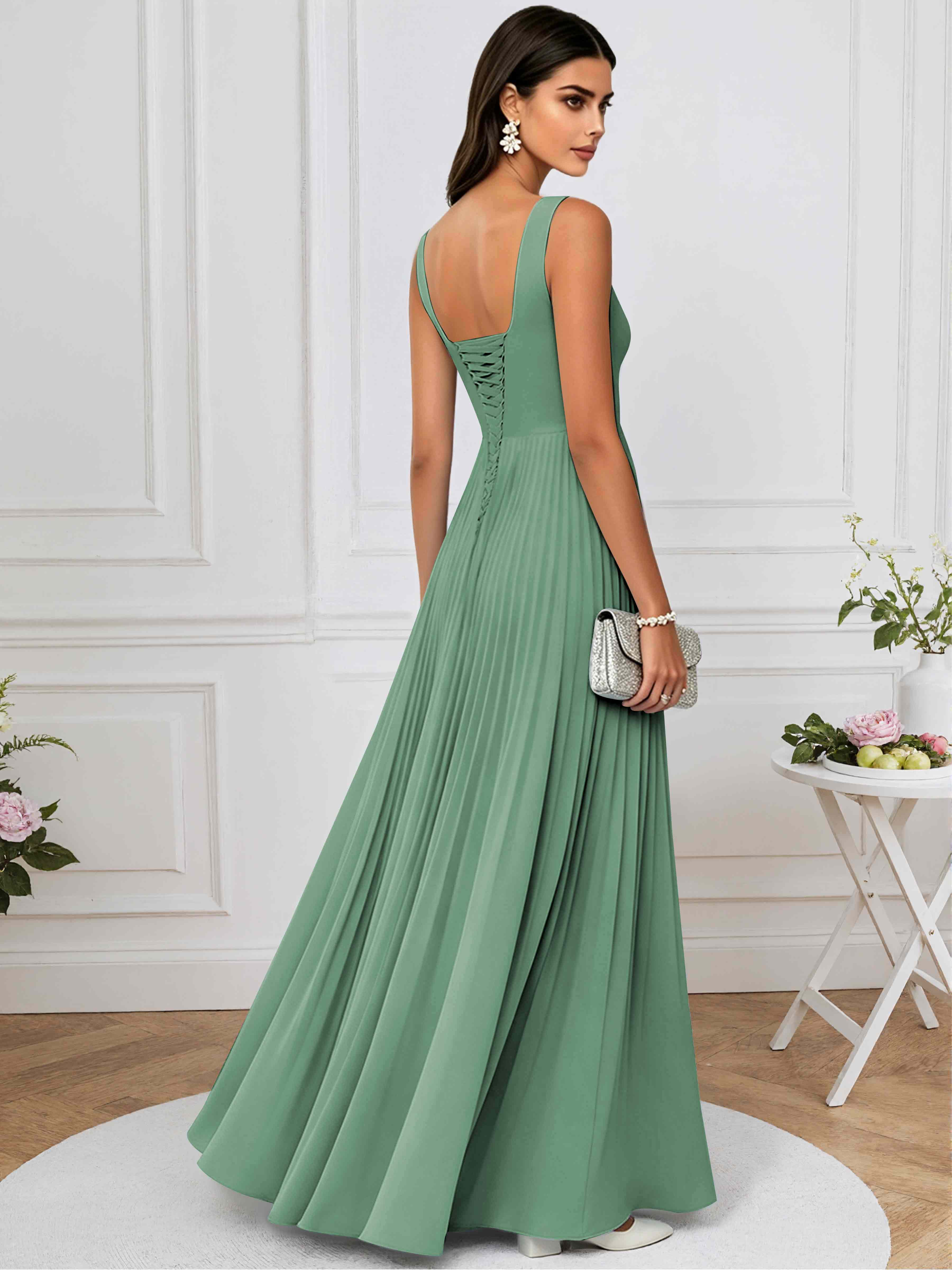 ROVDESY A-Line Square Neck Pleated Chiffon Long Bridesmaid/Prom Dress