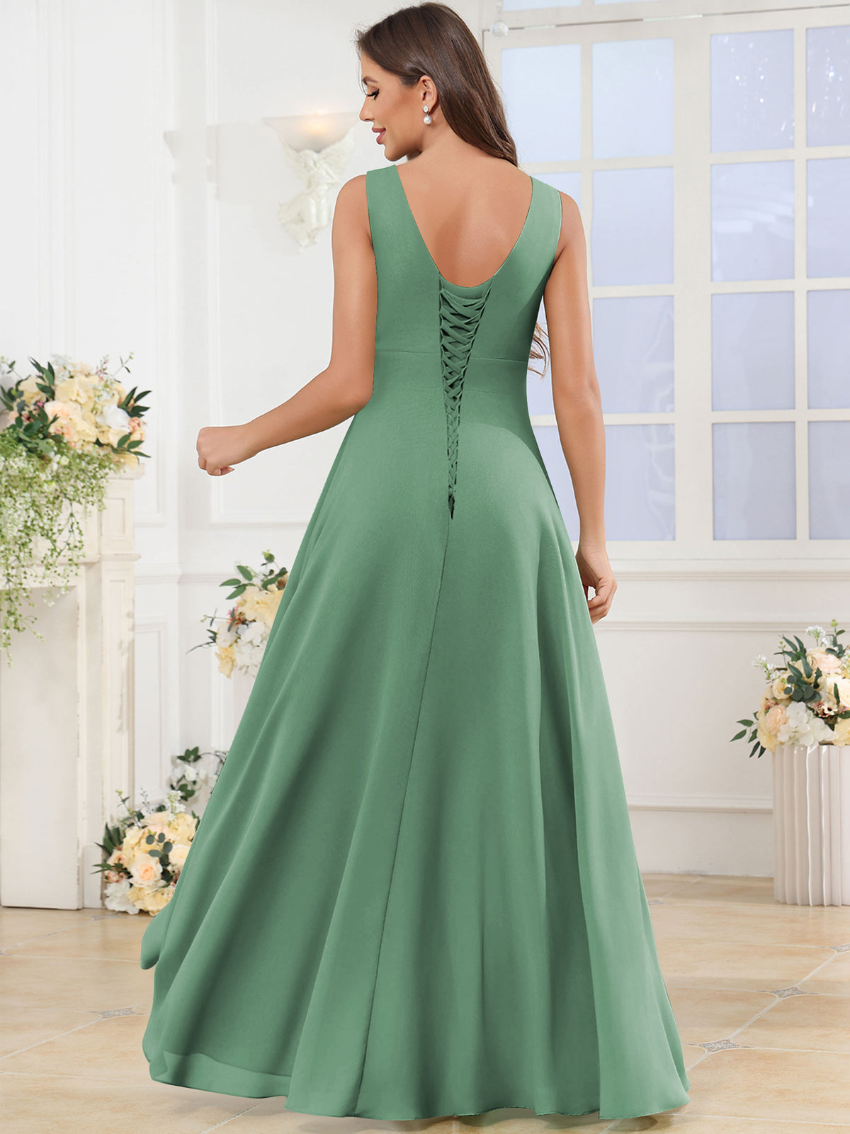 V Neck Chiffon A Line Ruffle Bridesmaid Dress with Slit