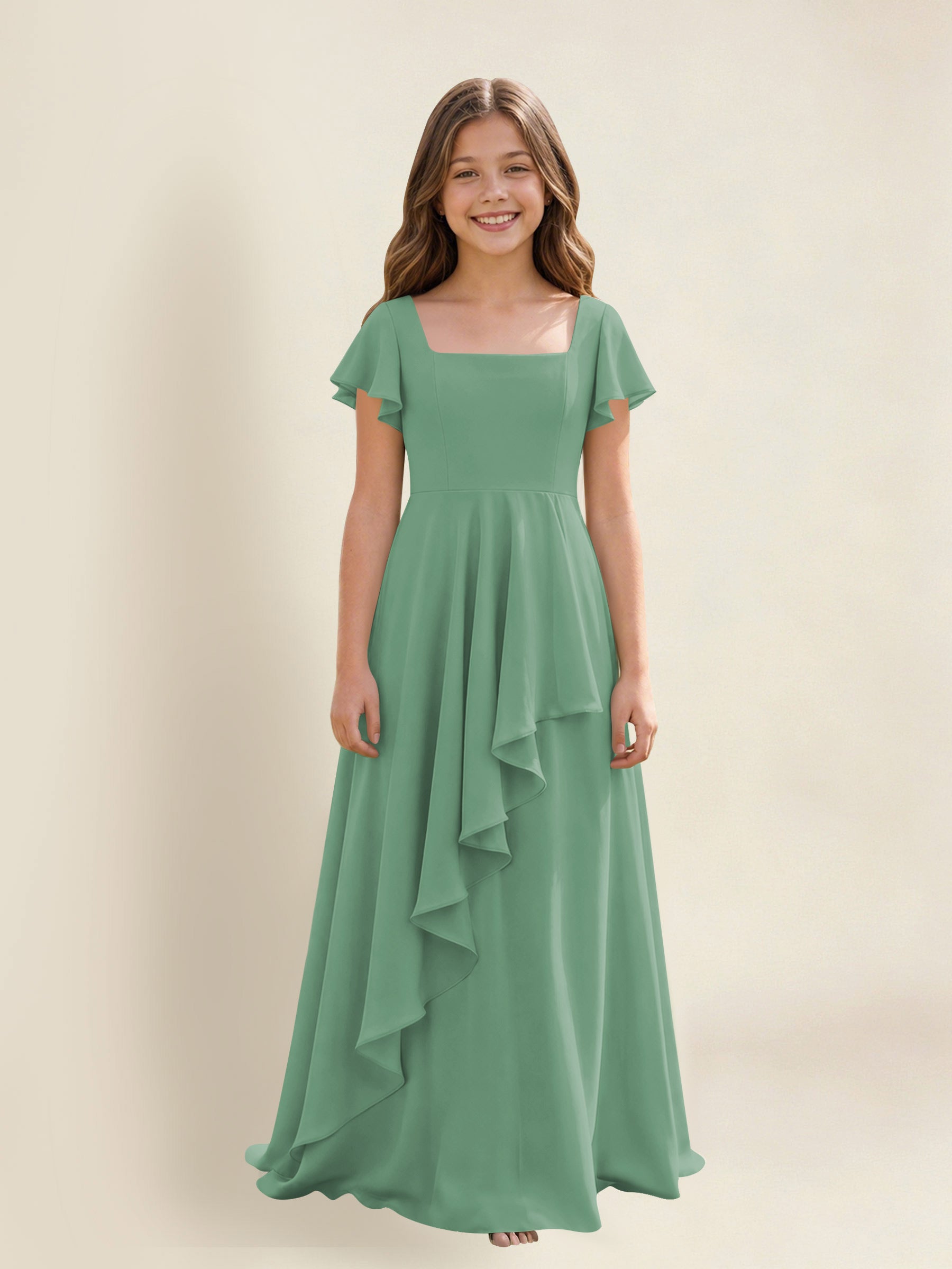 ROVDESY A-Line Square Neck Ruffle Chiffon Junior Bridesmaid Dress With Short Sleeves