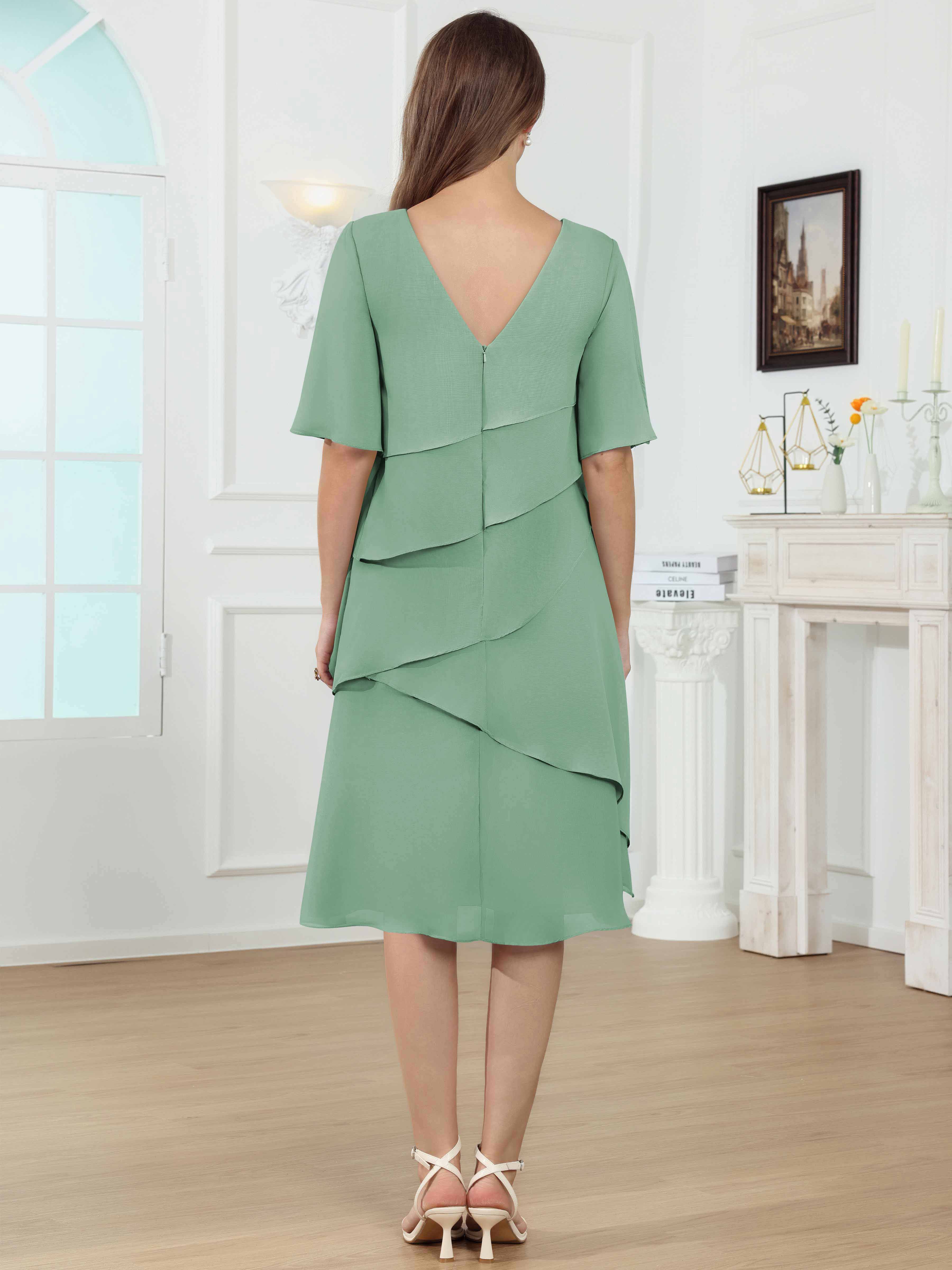 ROVDESY Knee Length Tiered Ruffle Chiffon Mother Of The Bride Dress With Half Sleeves