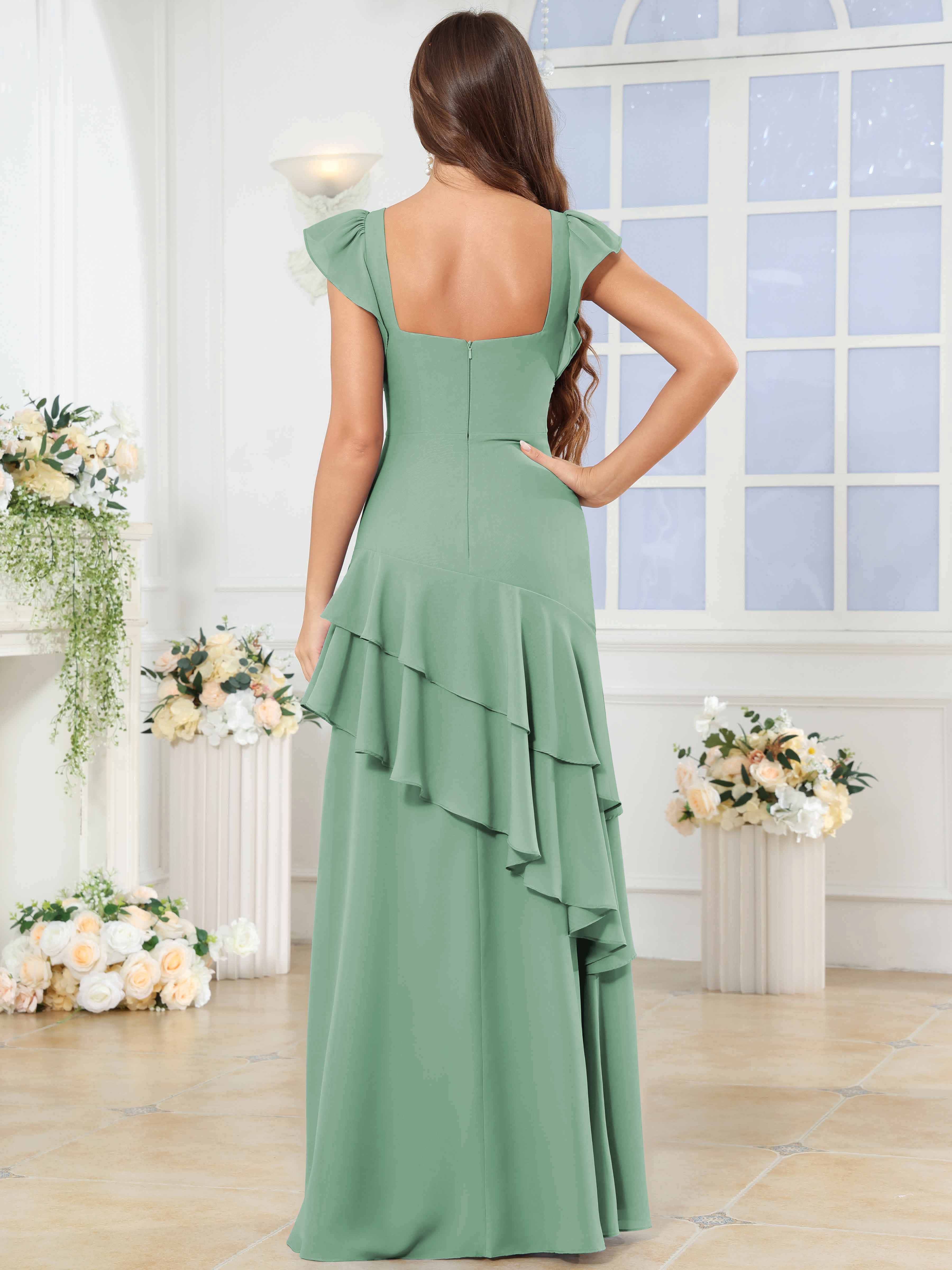 ROVDESY Sweetheart Tiered Ruffle Chiffon Bridesmaid Dress With Short Sleeves