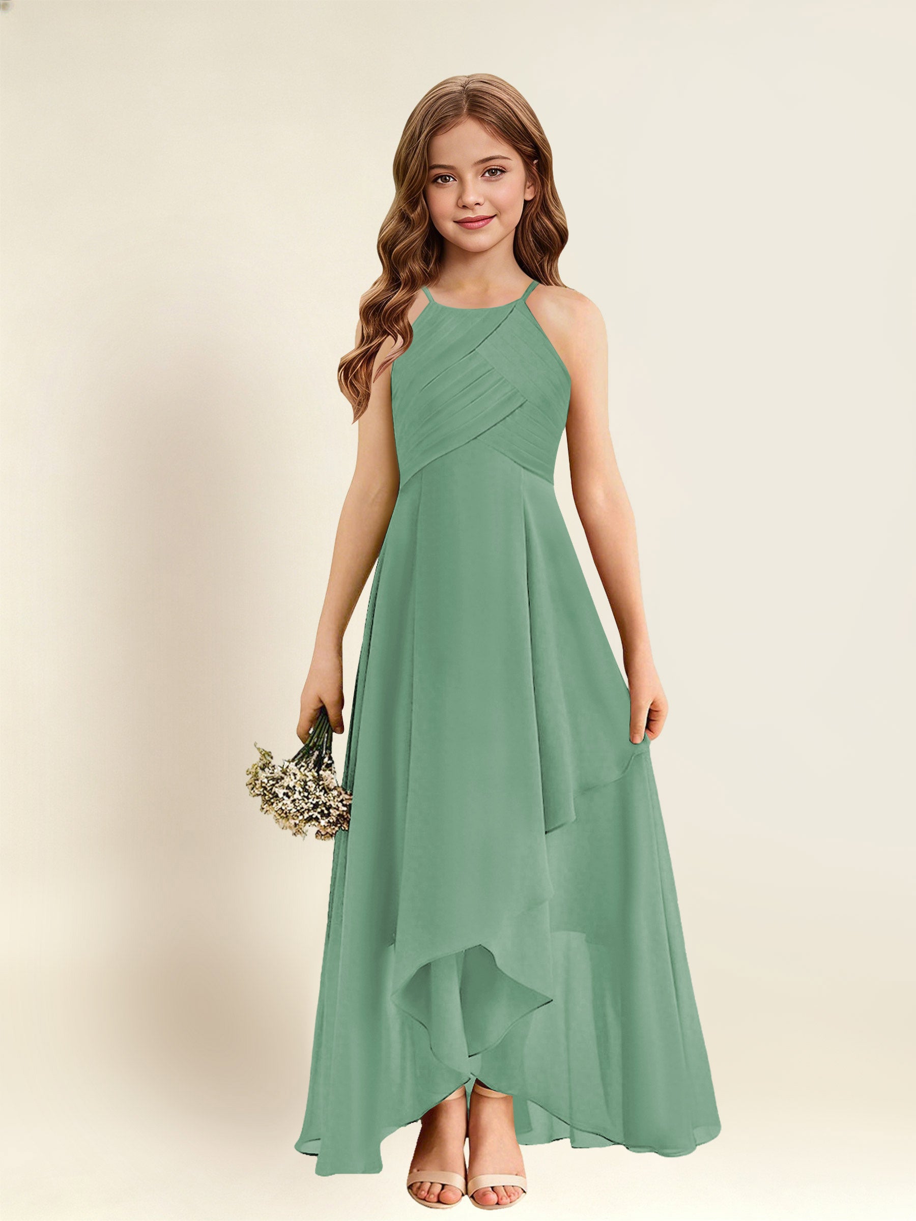 ROVDESY A-Line Halter Pleated Chiffon Junior Bridesmaid Dress