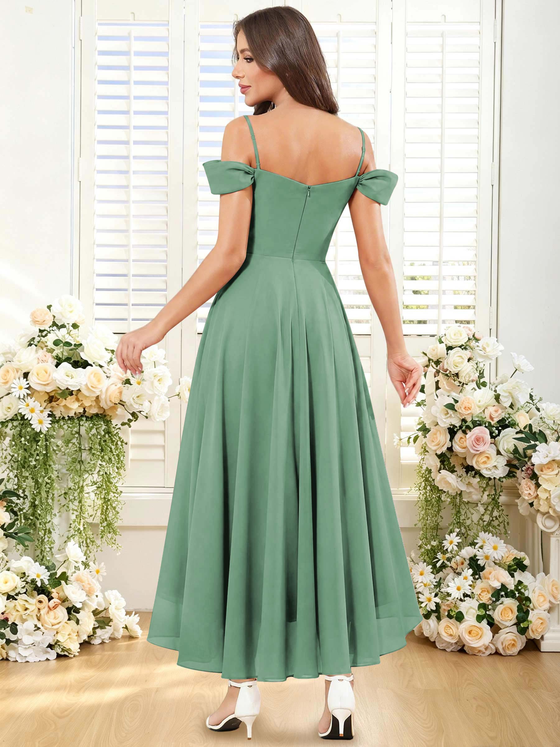 ROVDESY ROVDESY Short Cold Shoulder Sweetheart High Low Pleated Chiffon Bridesmaid Dress