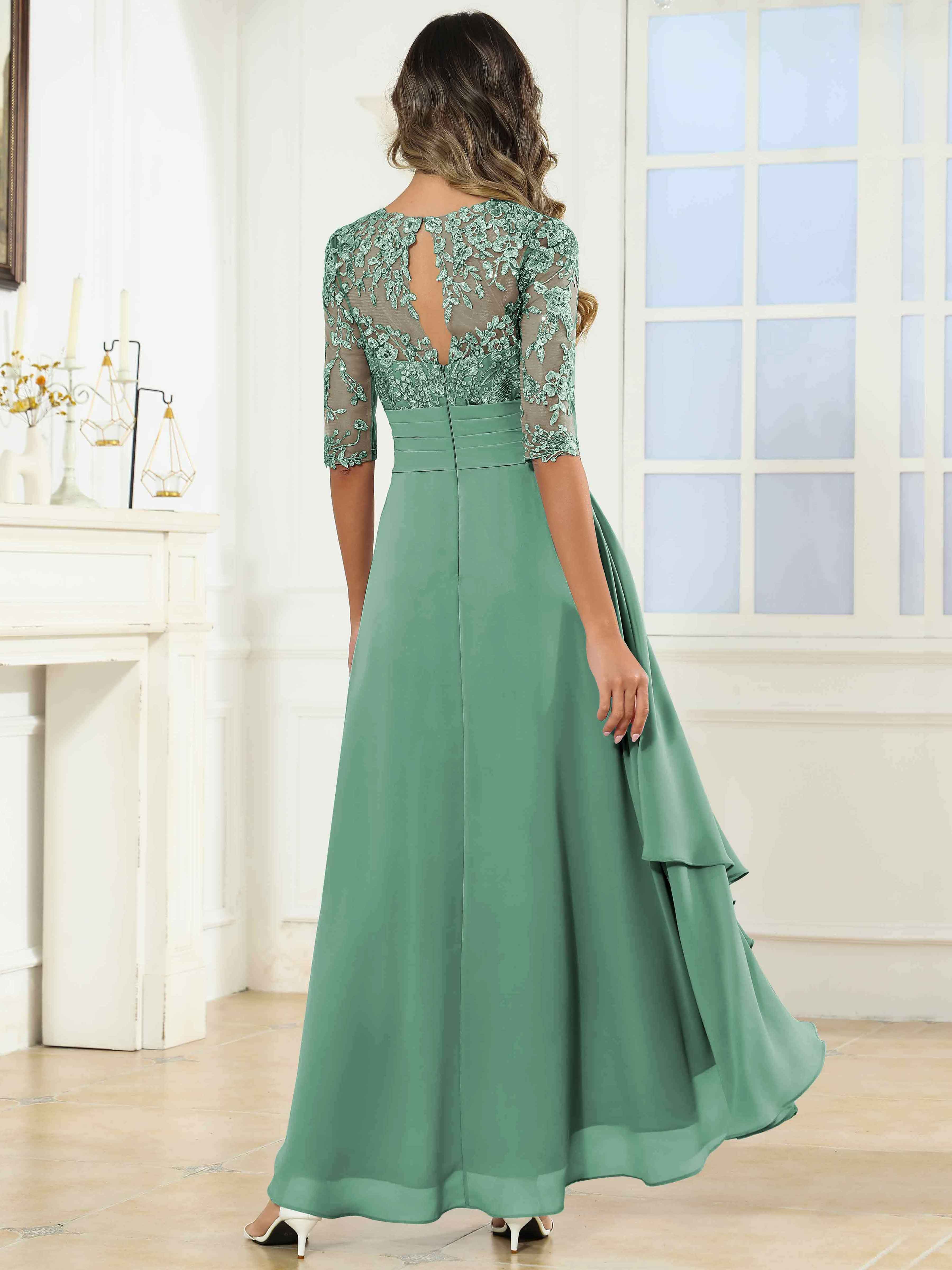 ROVDESY Tea Length A-Line Lace Chiffon Mother Of The Bride Dress With Half Sleeves