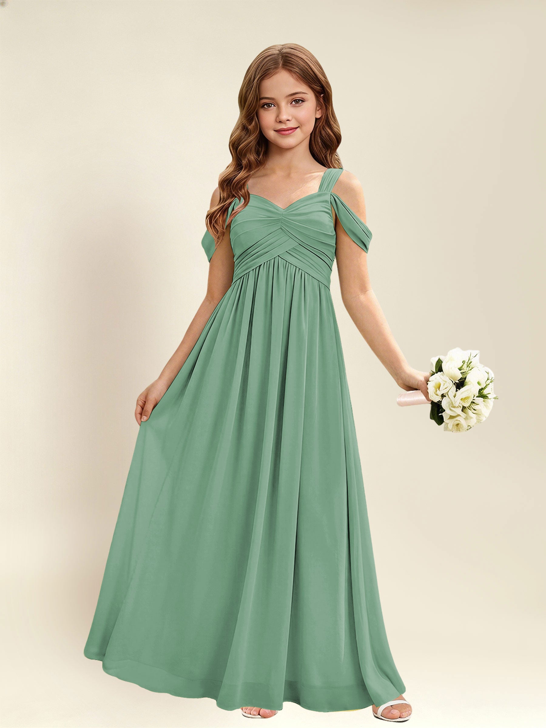 ROVDESY A-Line Off The Shoulder Pleated Chiffon Junior Bridesmaid Dress
