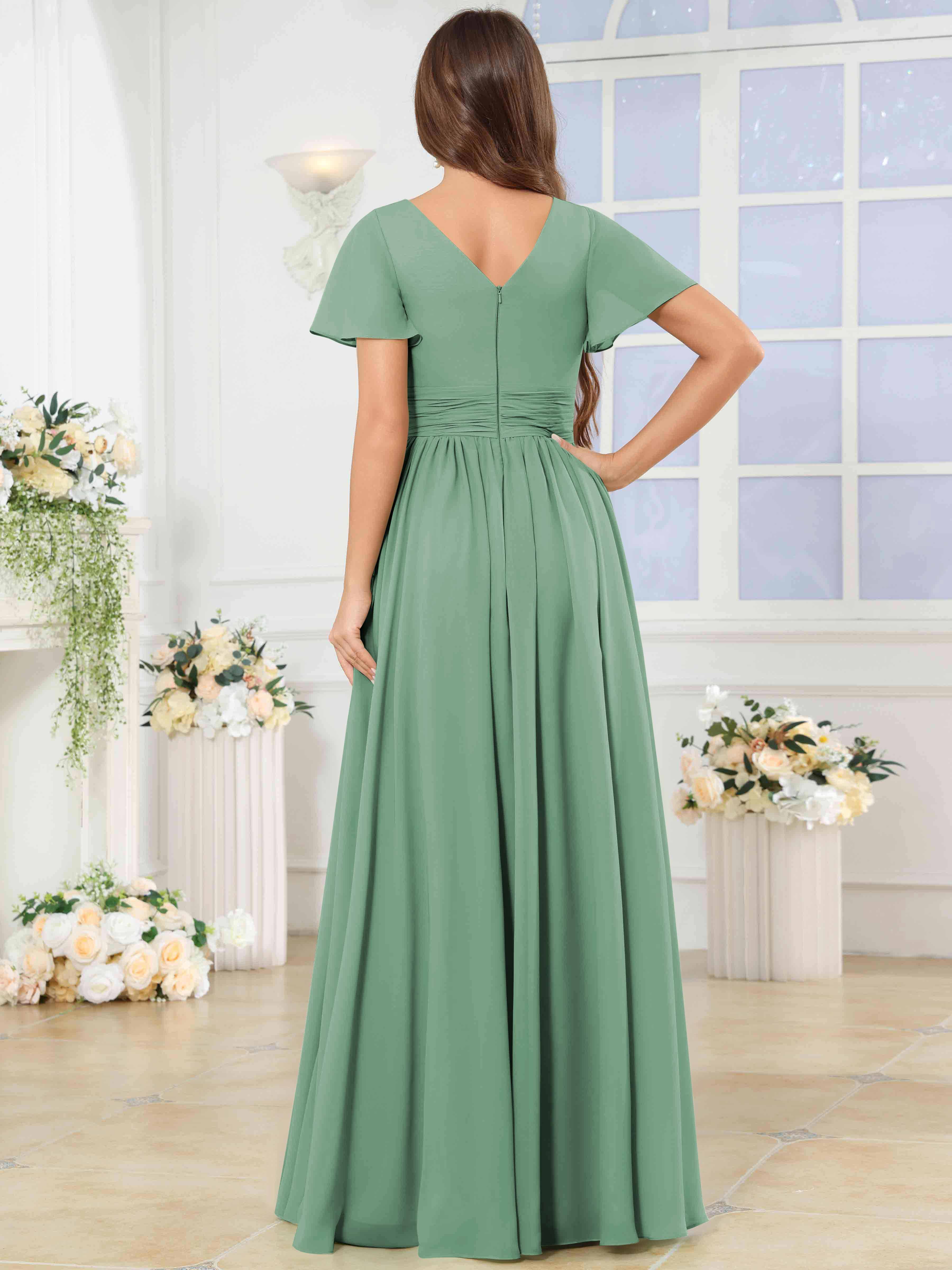 ROVDESY A-Line V-Neck Slit Pleated Ruffle Chiffon Bridesmaid Dress With Short Sleeves