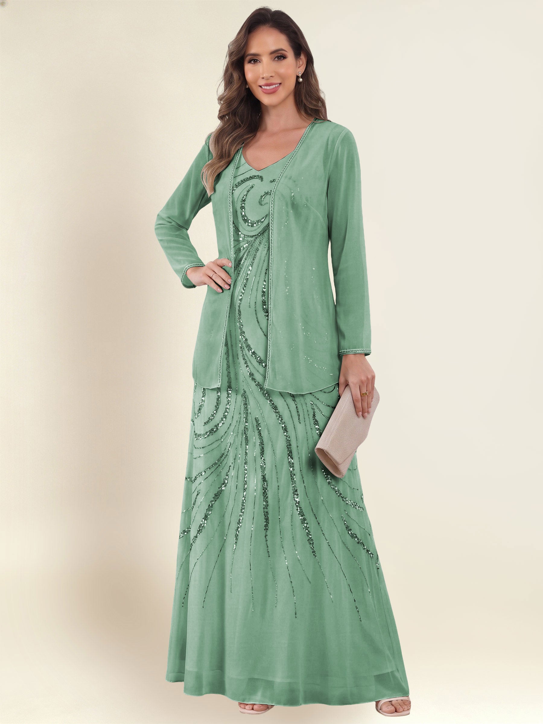 ROVDESY 2 Pieces V-Neck Sequin Chiffon Long Mother Of The Bride Dress With Long Sleeve Jacket