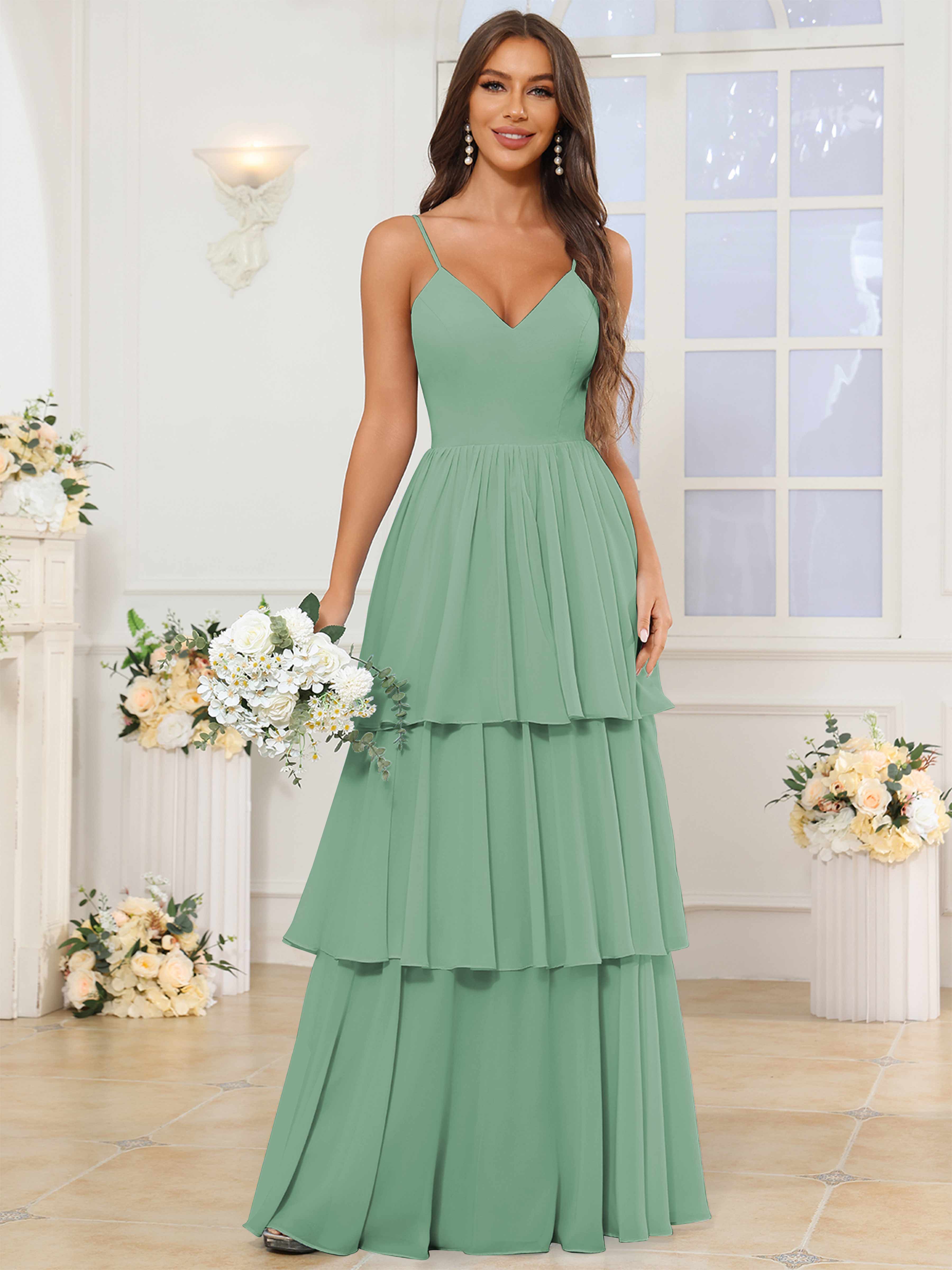 ROVDESY V-Neck Spaghetti Straps Tiered Chiffon Bridesmaid Dress With Ruffles