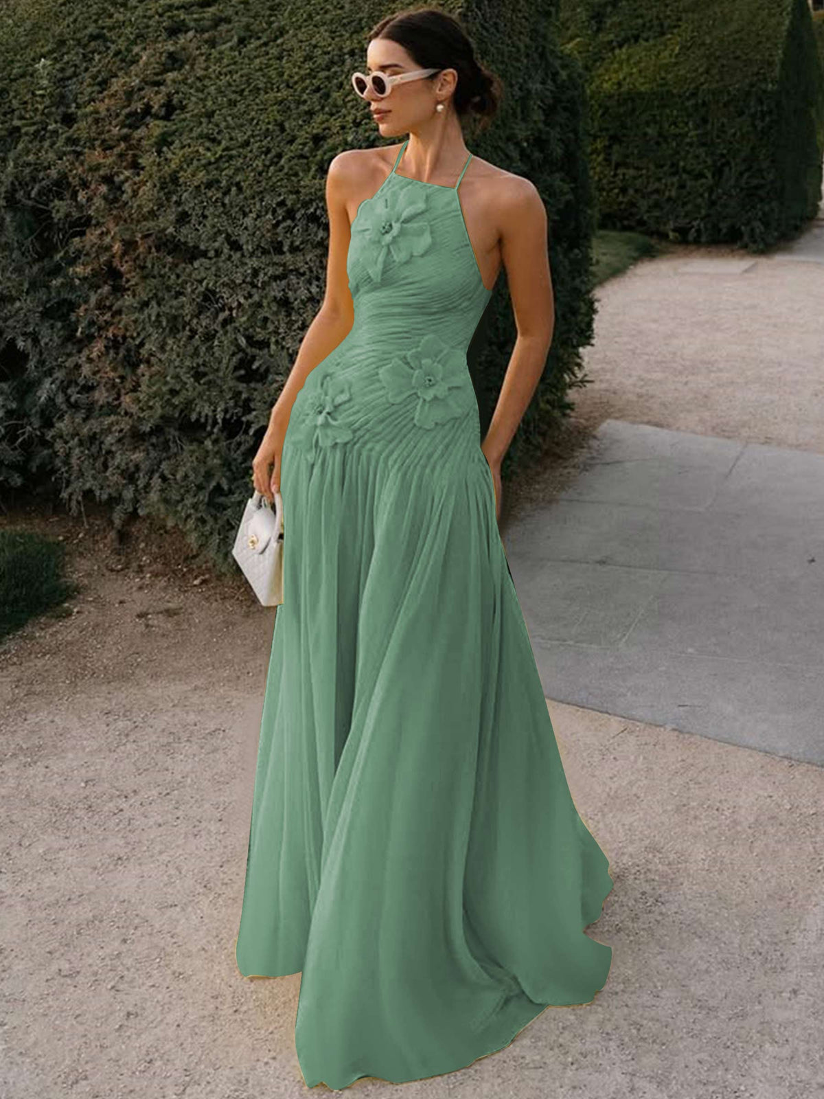 Halter Long Pleated Chiffon Prom Dress with 3D Flower