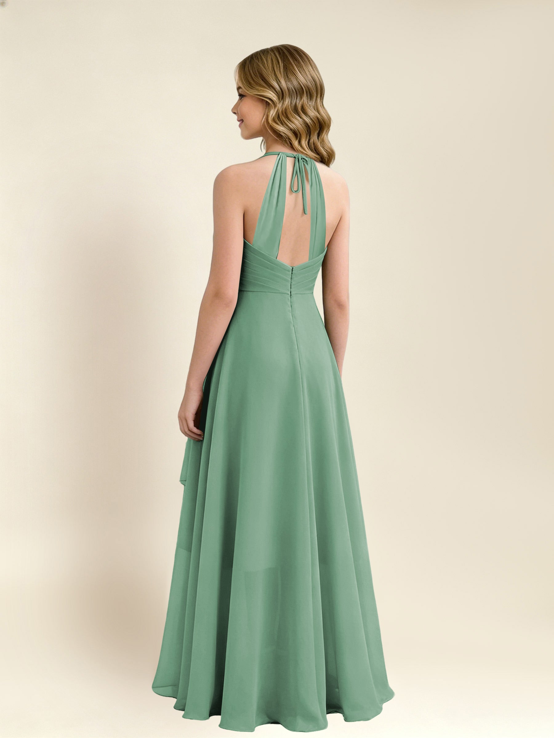 ROVDESY A-Line Halter Pleated Chiffon Junior Bridesmaid Dress