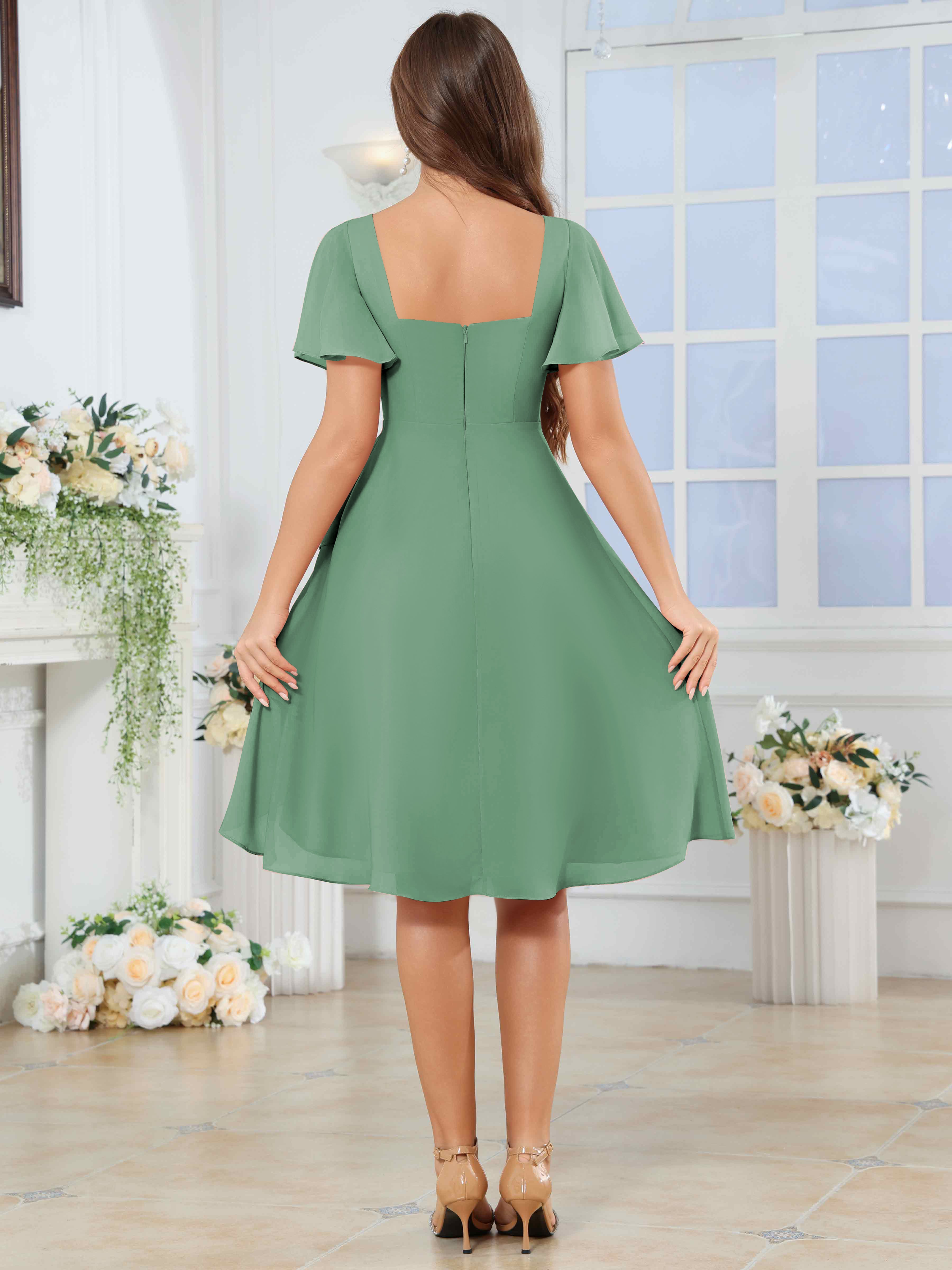 ROVDESY Knee Length V-Neck Pleated Chiffon Bridesmaid Dress With Short Sleeves