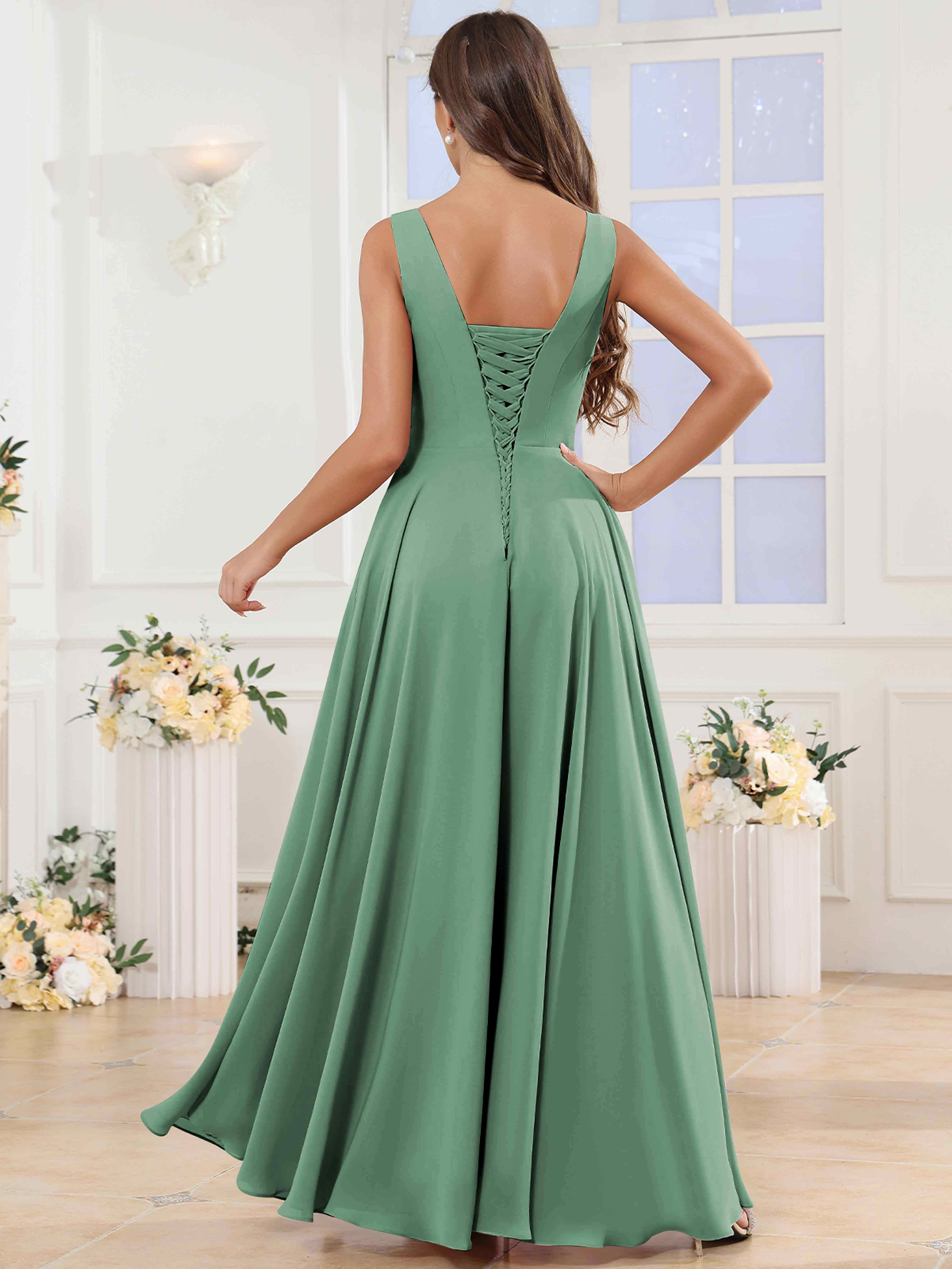 ROVDESY V-Neck Pleated Sleeveless Ruffle Chiffon Bridesmaid Dress With Slit