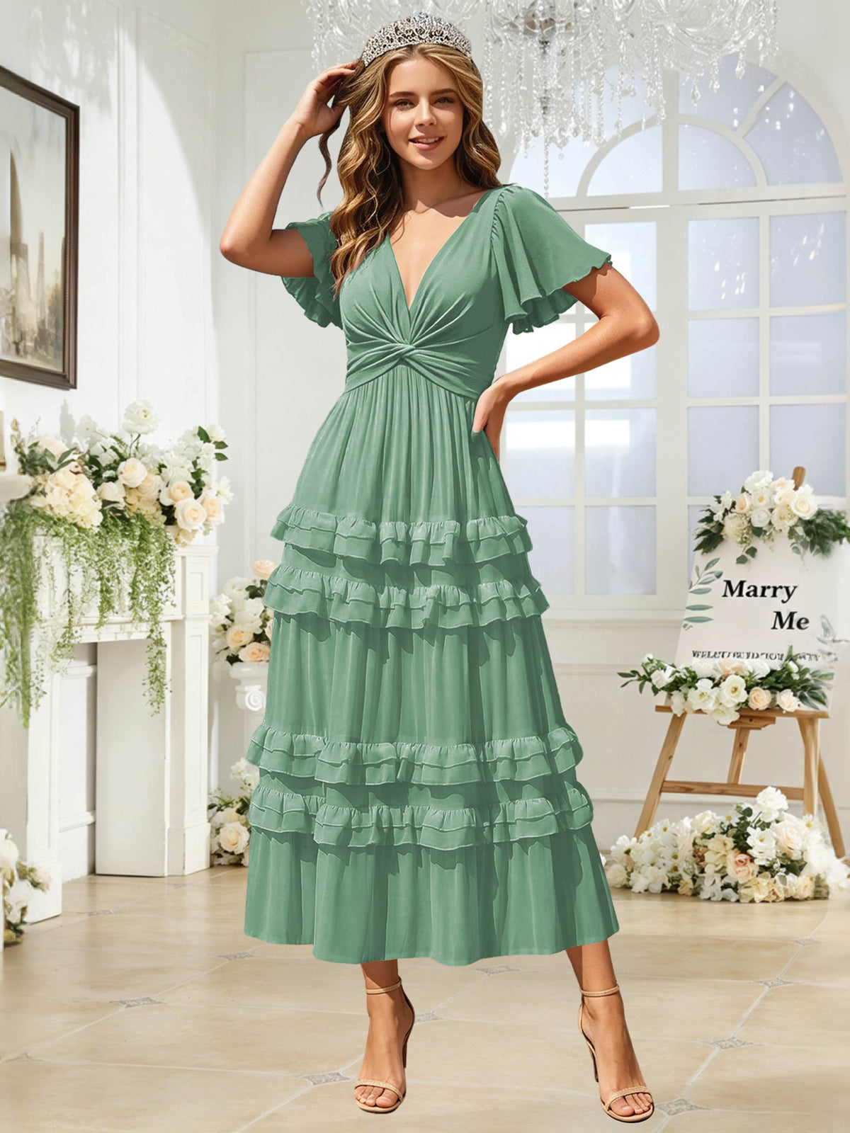 A Line Chiffon Pleated Bridesmaid Dress with Sleeves
