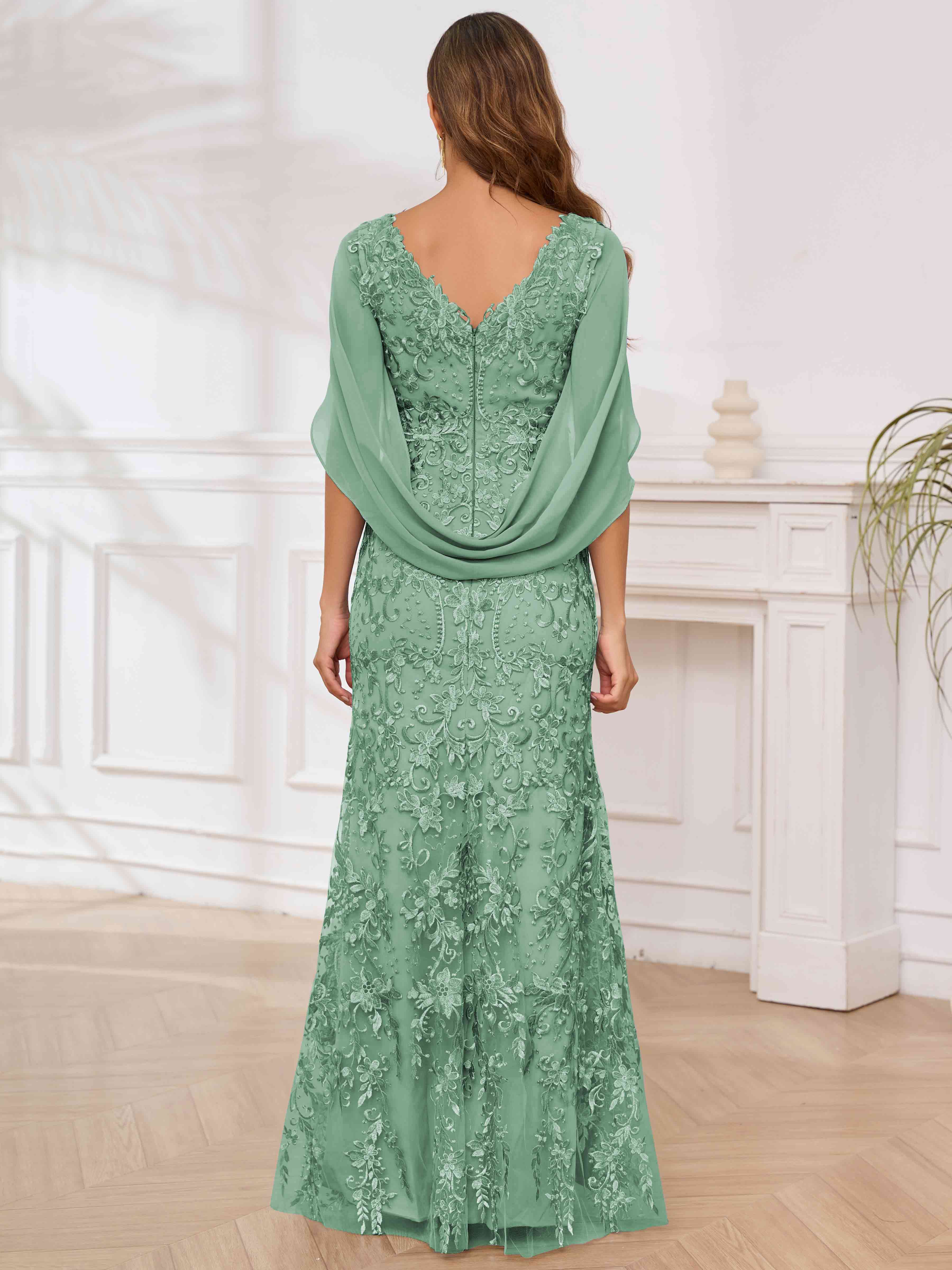 ROVDESY V-Neck Lace Mermaid Mother Of The Bride Dress With Cape Sleeves Long Formal Gown