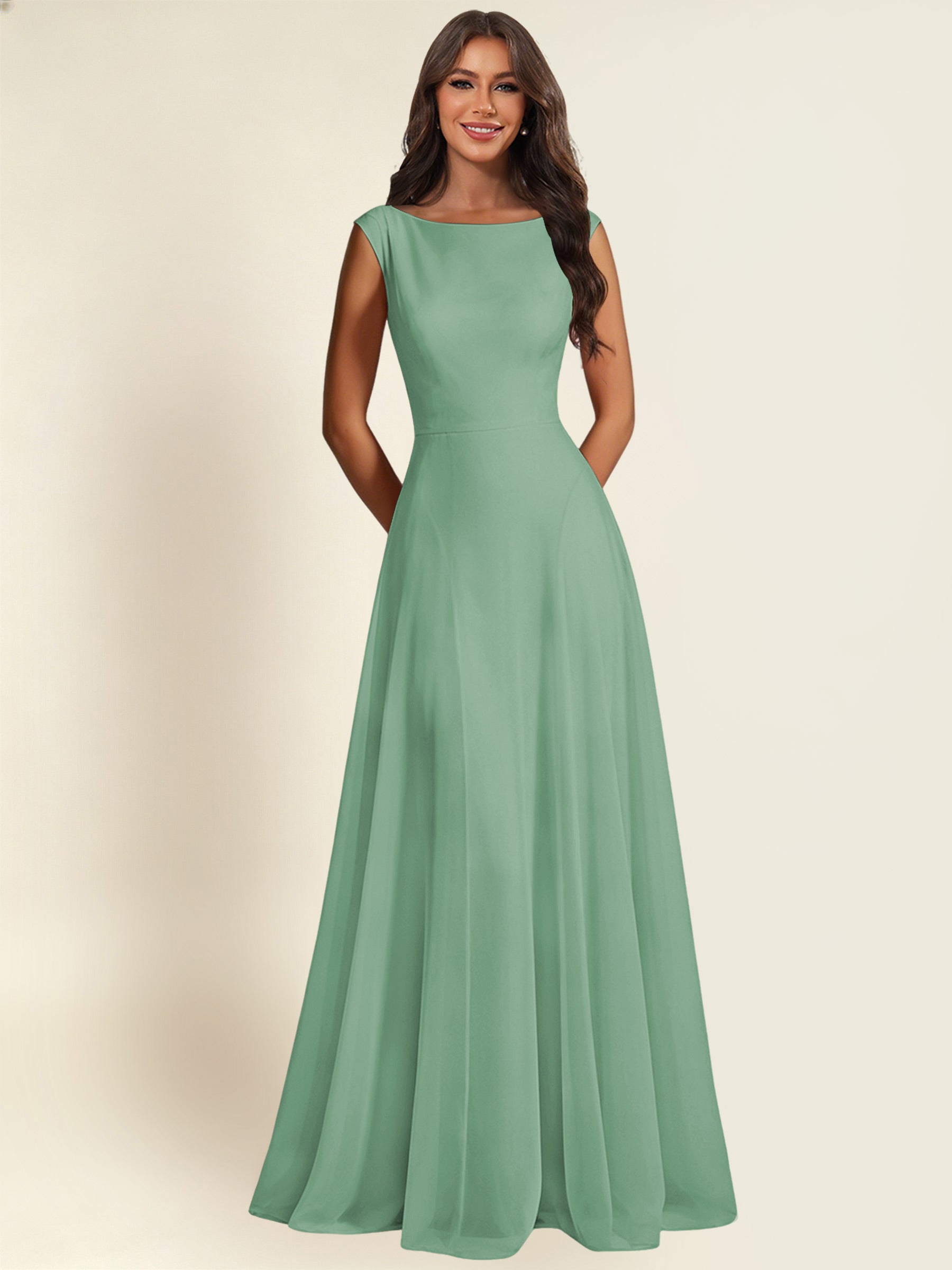 ROVDESY A-Line Chiffon Long Bridesmaid Dress With Sleeveless