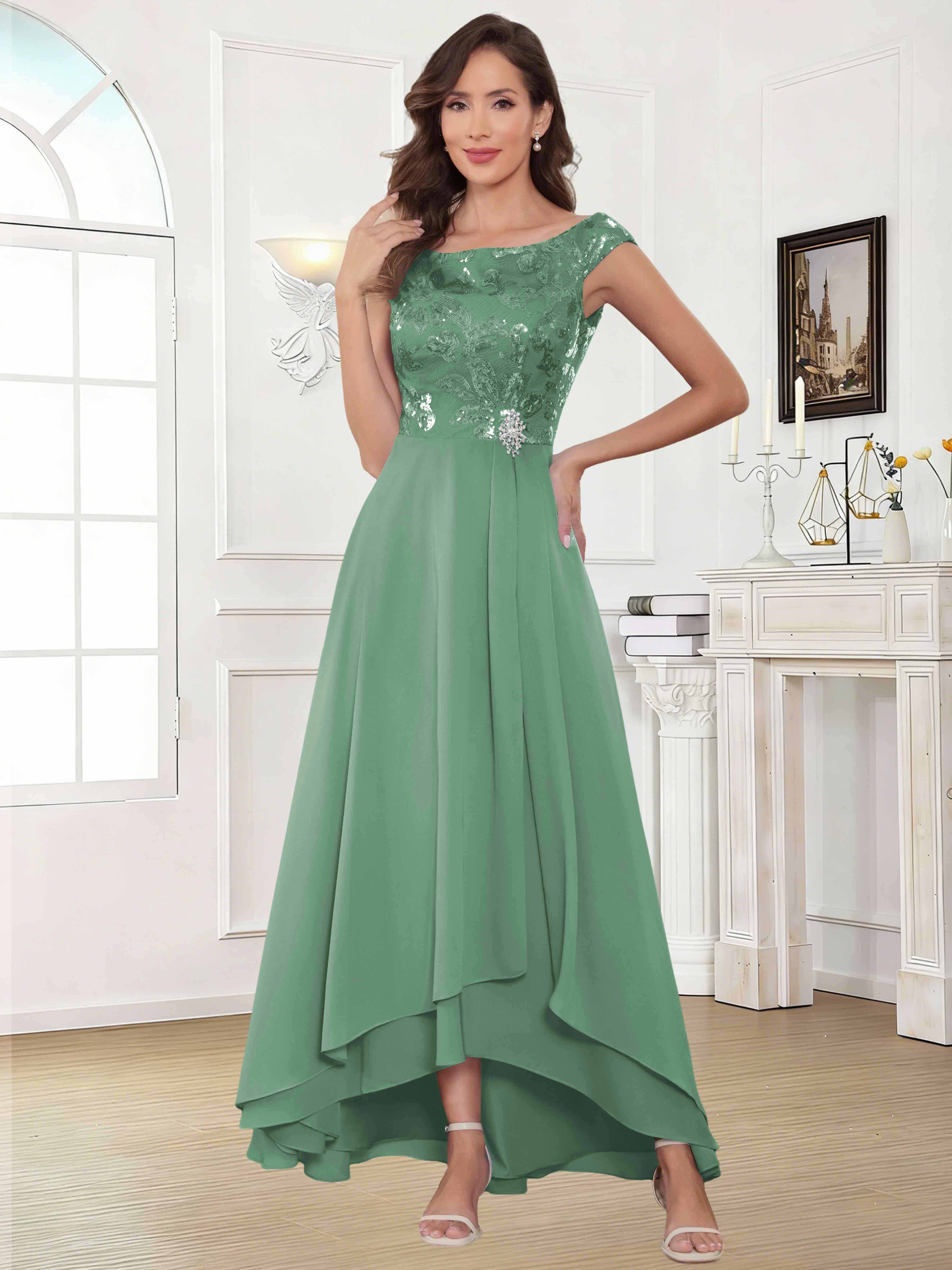 ROVDESY Tea Length Off-The-Shoulder Sequin Chiffon Mother Of The Bride Dress