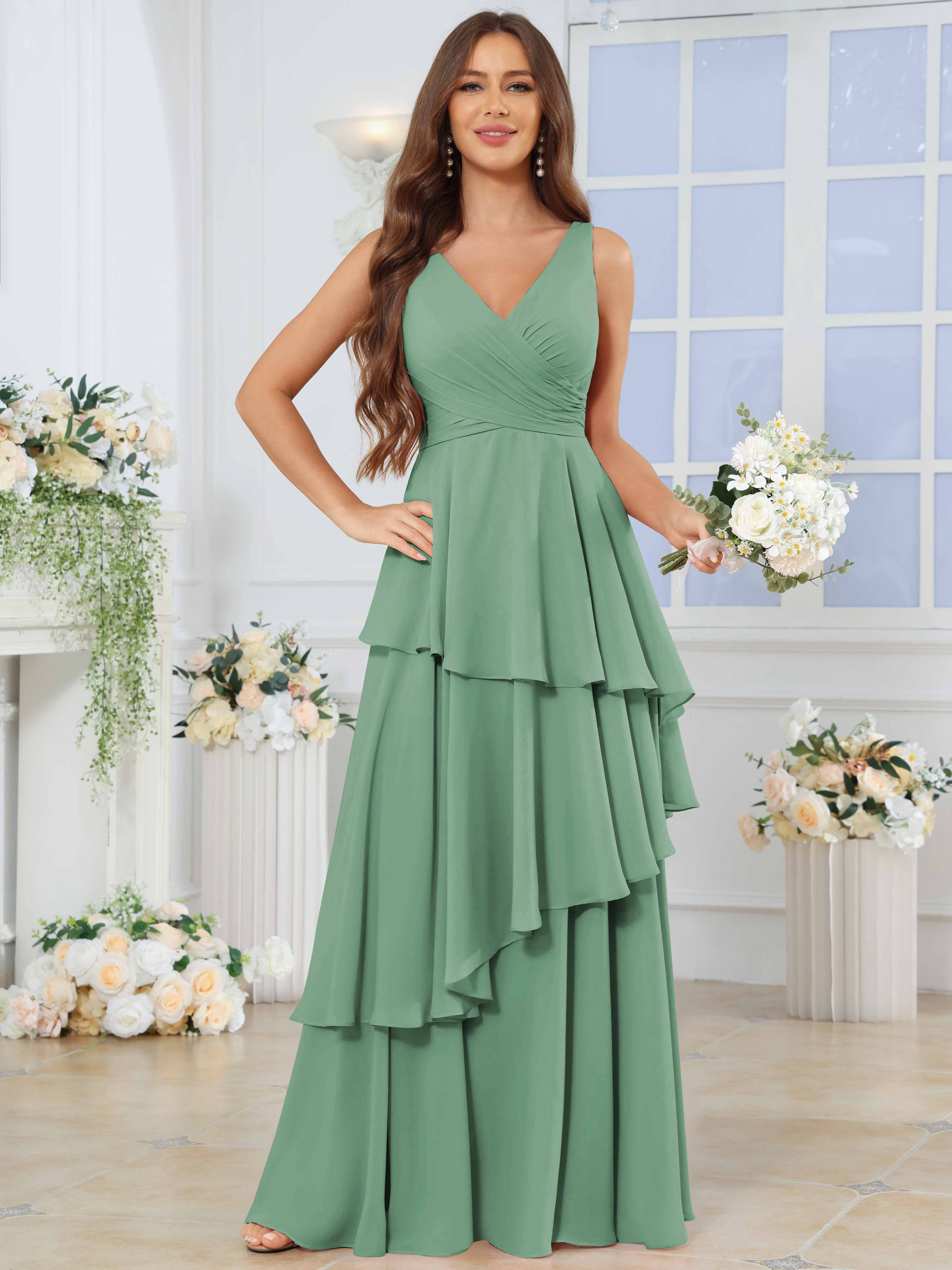 ROVDESY Long Sleeveless V-Neck Tiered Pleated Chiffon Bridesmaid Dress