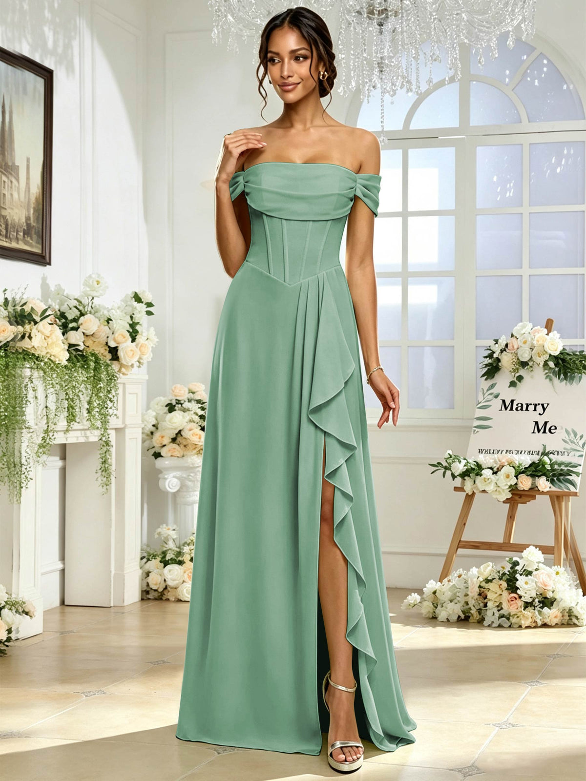 Off the Shoulder Chiffon A Line Long Bridesmaid Dress with Slit