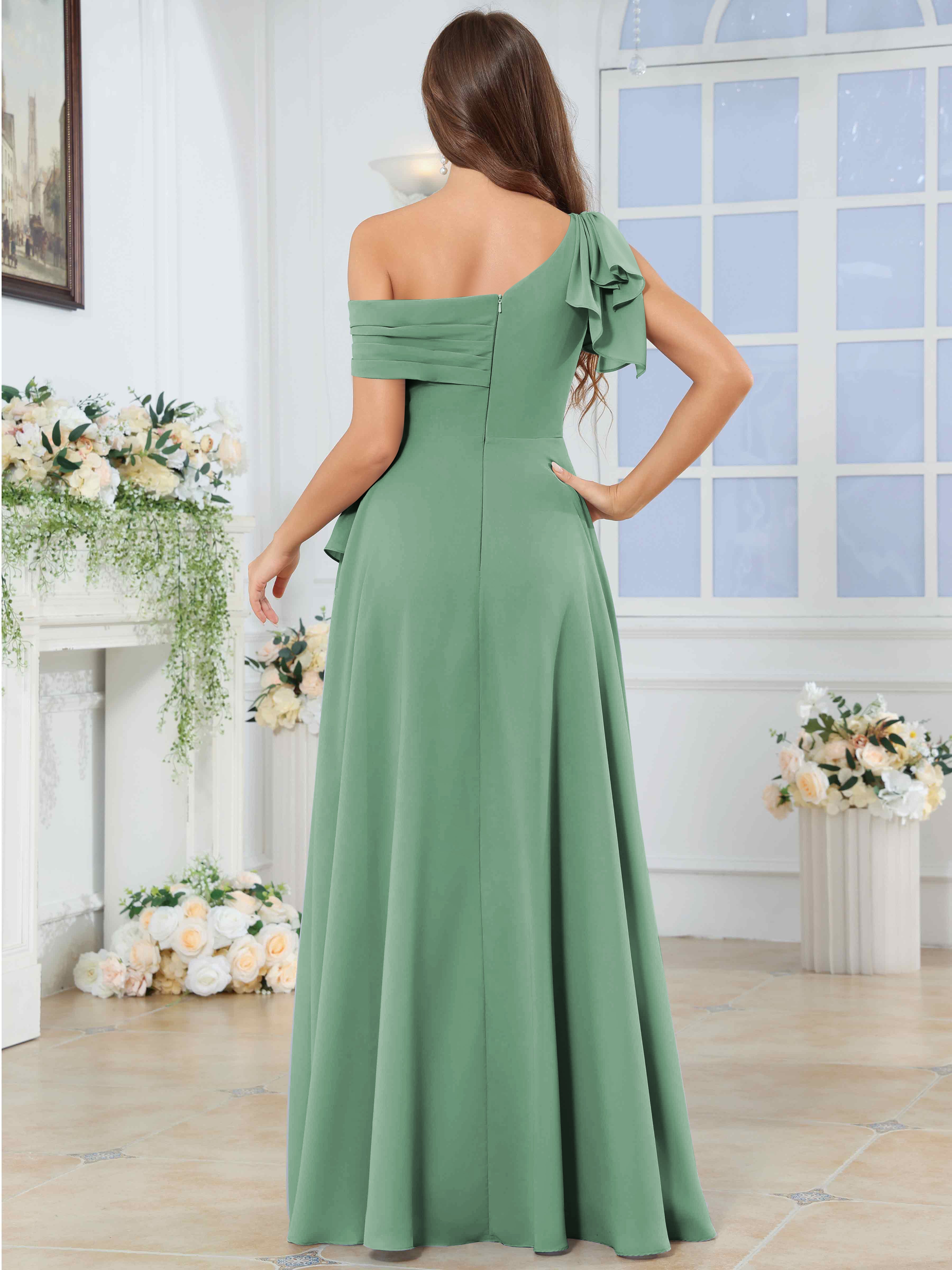 ROVDESY One Shoulder Pleated Ruffle Chiffon Bridesmaid Dress With Slit
