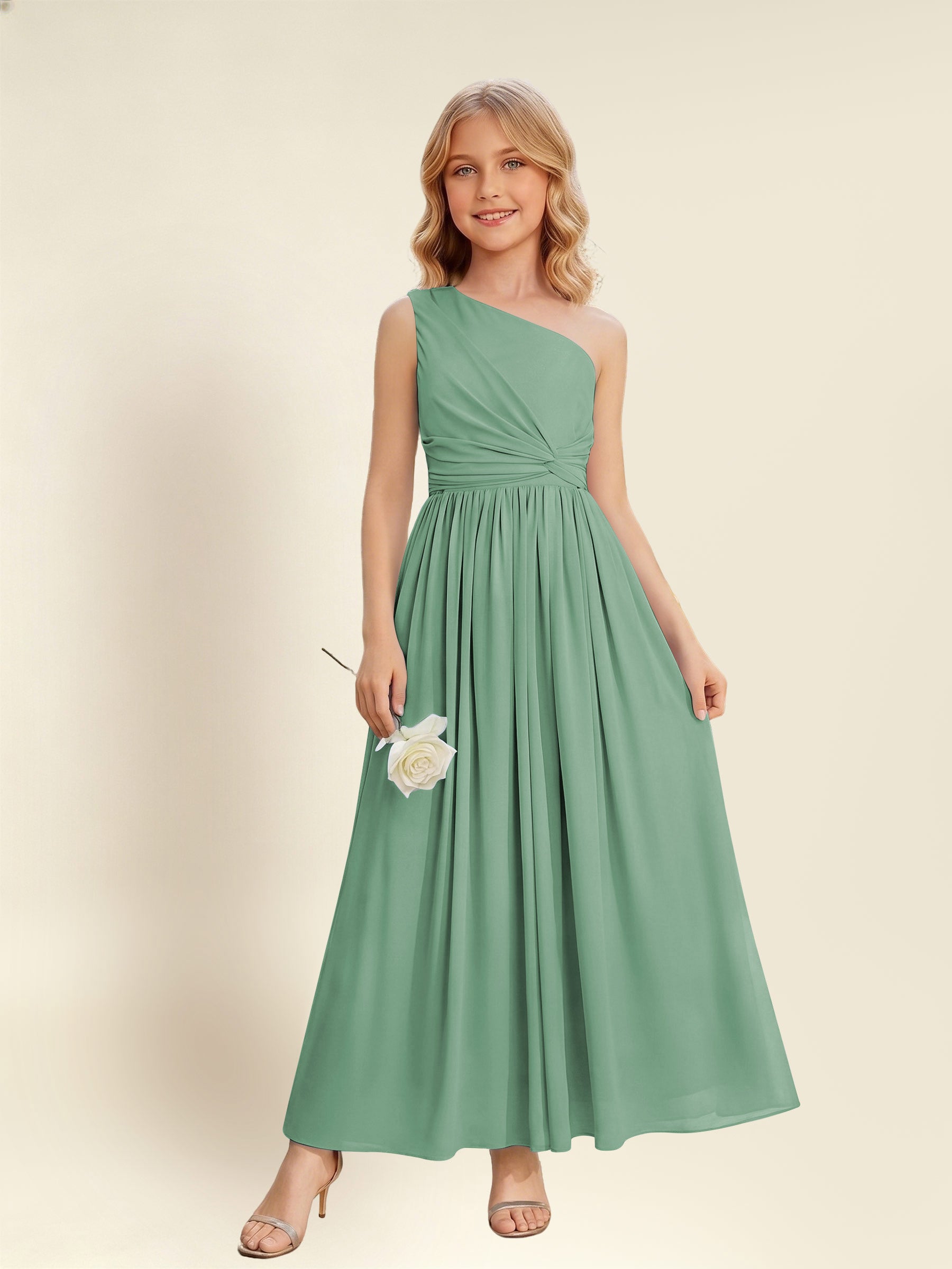 ROVDESY One Shoulder Twist Waist Chiffon Junior Bridesmaid Maxi Dress