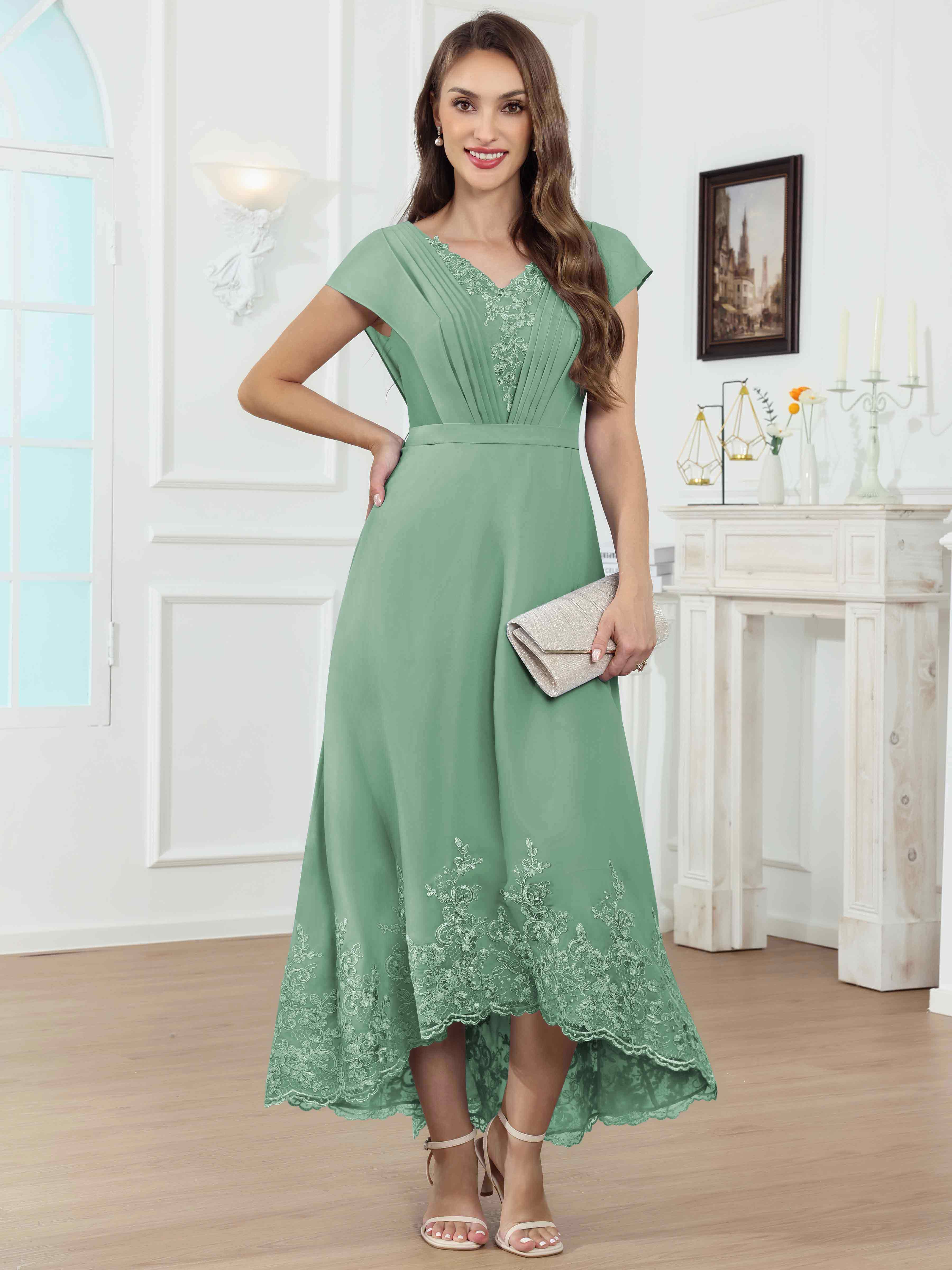 ROVDESY Tea Length High-Low V-Neck Ruched Lace Chiffon Mother of The Bride Dress for Women