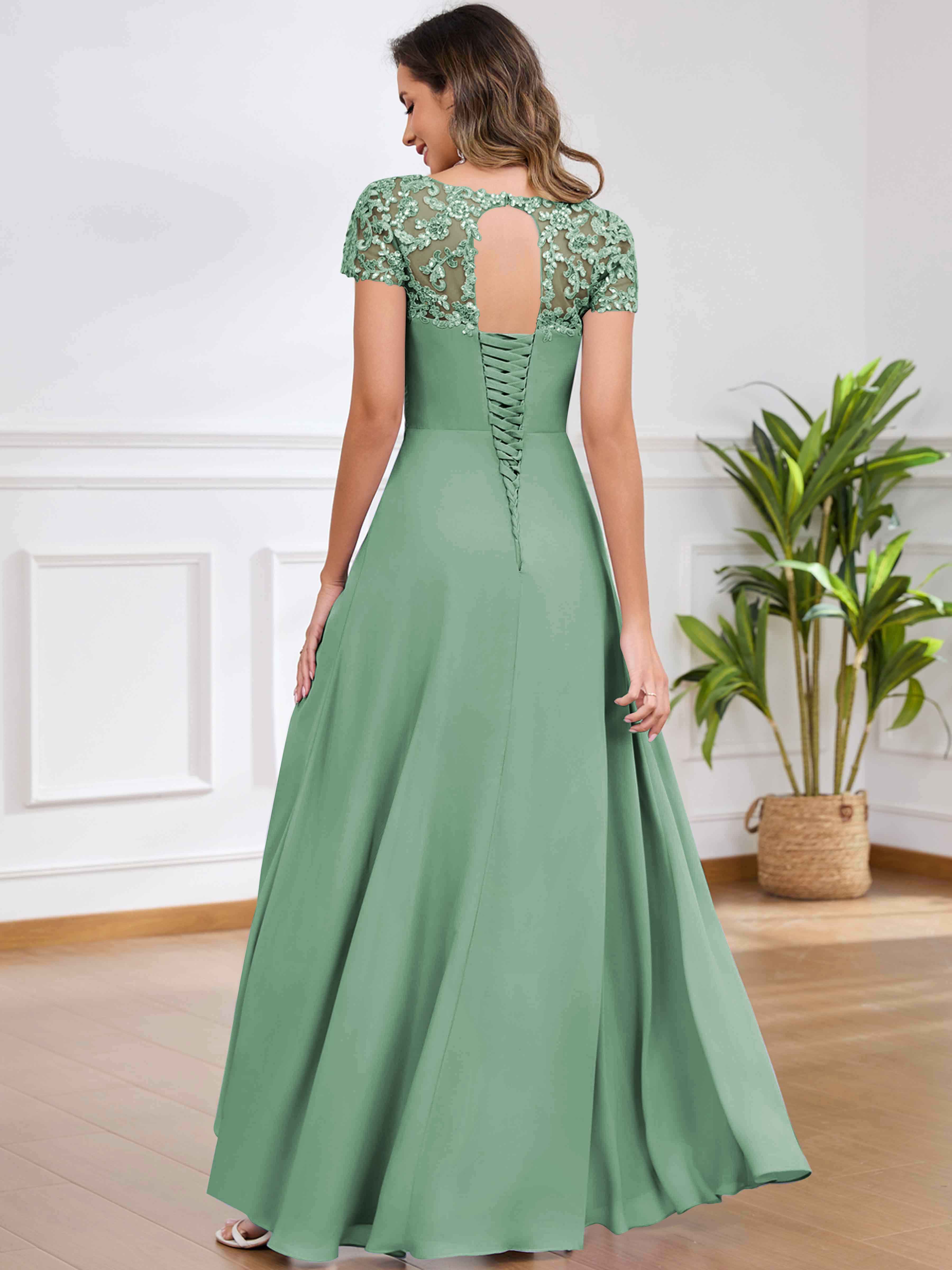 ROVDESY A-Line Pleated Lace Sequin Ruffle Chiffon Mother Of The Bride Dress With Slit