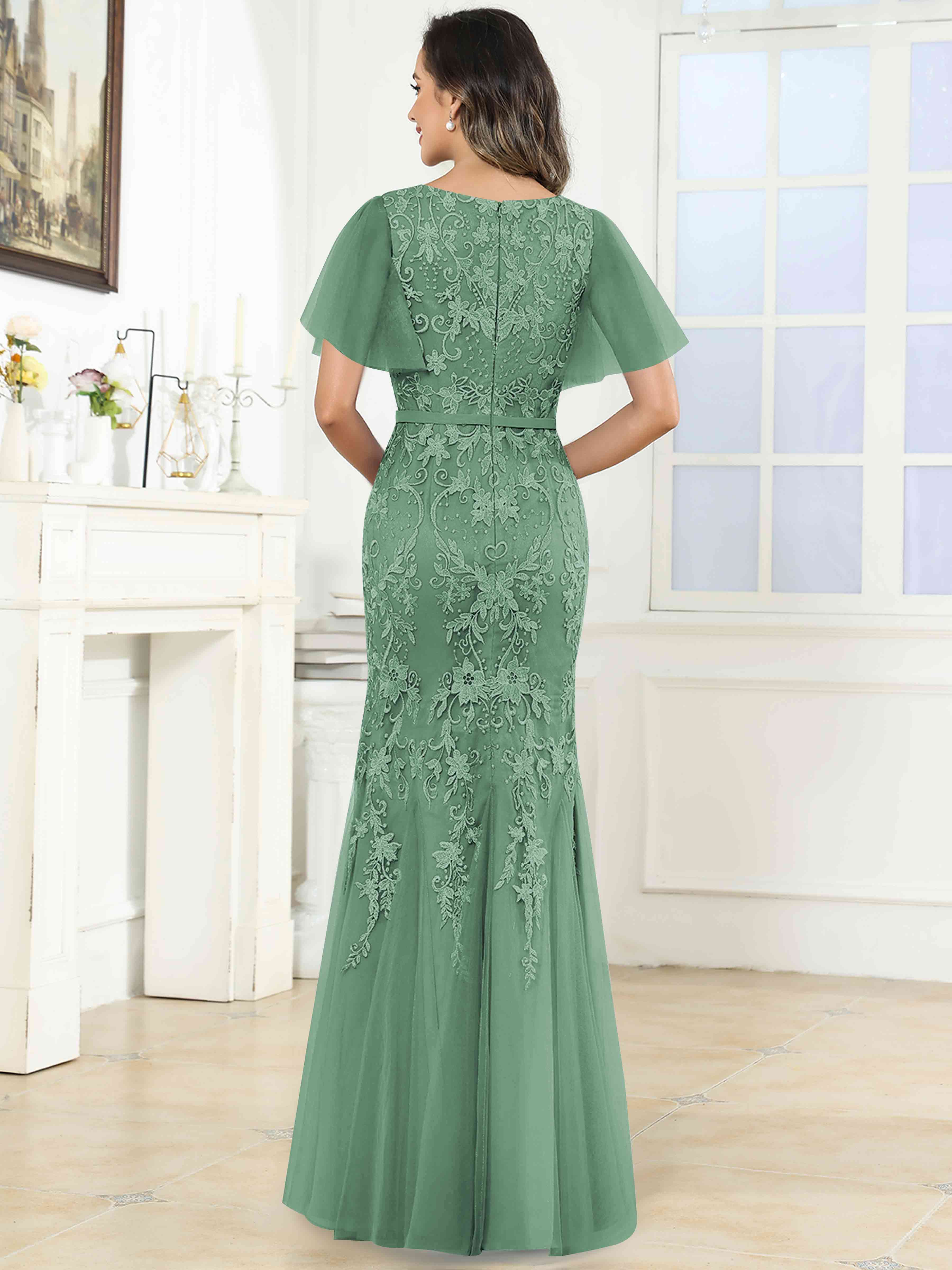 ROVDESY Elegant V-Neck Lace Mermaid Long Mother Of The Bride Dress Formal Gown With Sleeves