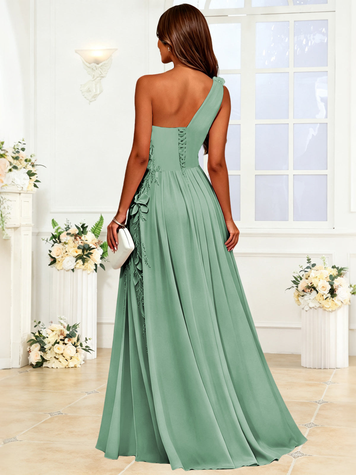 One Shoulder 3D Flower Chiffon Bridesmaid Dress with Slit