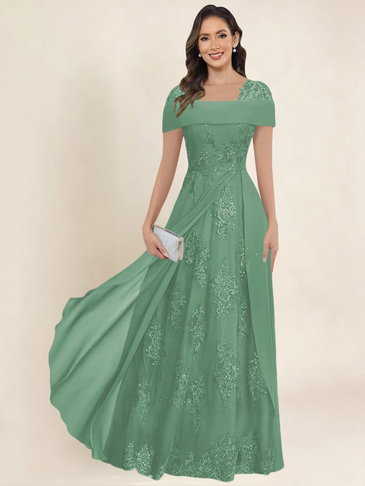 ROVDESY A-Line Off The Shoulder Lace Chiffon Long Mother of the Bride Dress Formal Gown