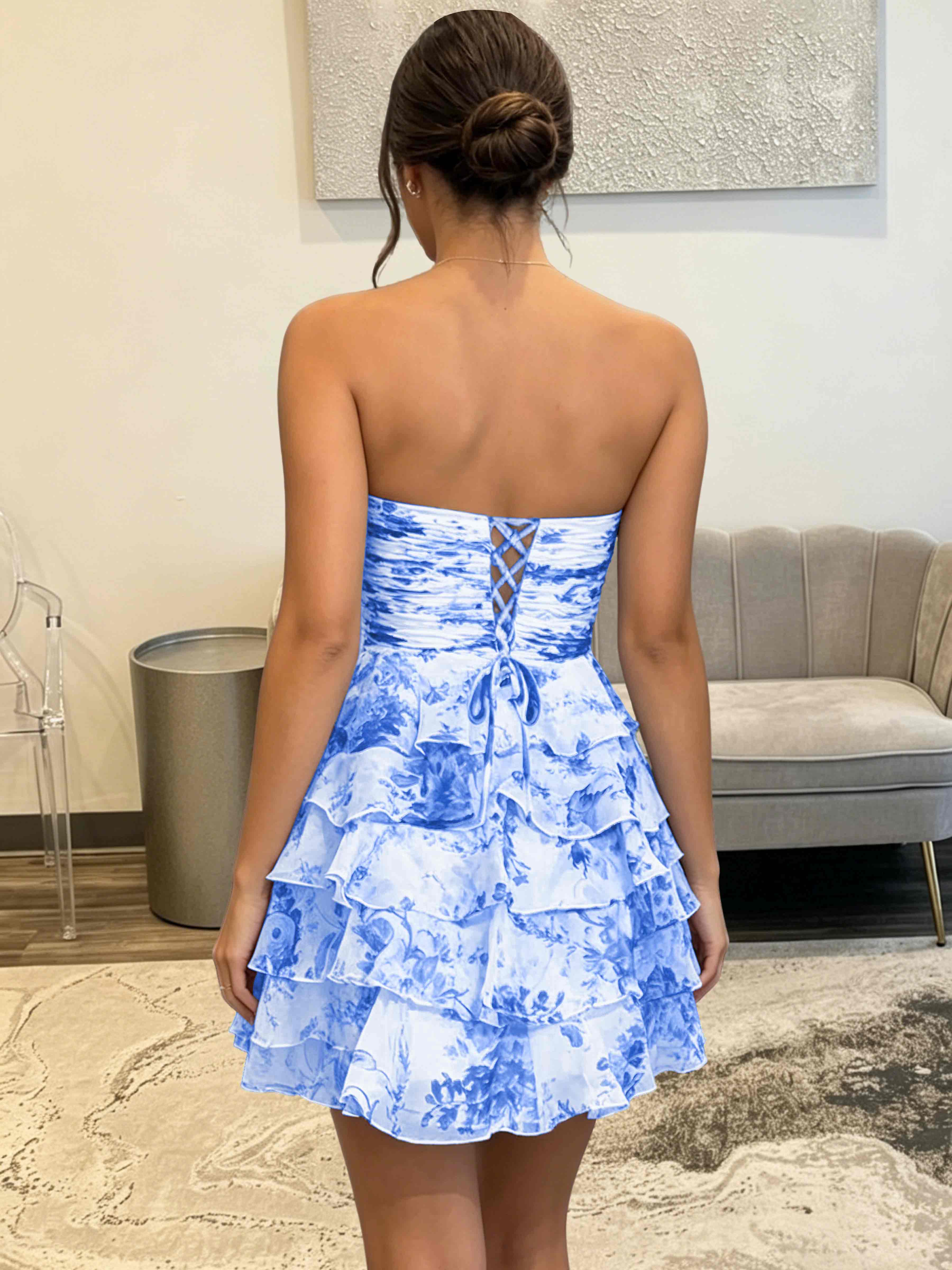 ROVDESY Strapless Tiered Ruffle Floral Print Chiffon Homecoming Mini Dress