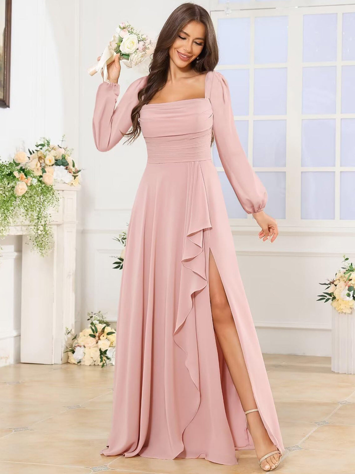 Square Neck Ruffle Slit Chiffon Long Bridesmaid Dress with Long Sleeves