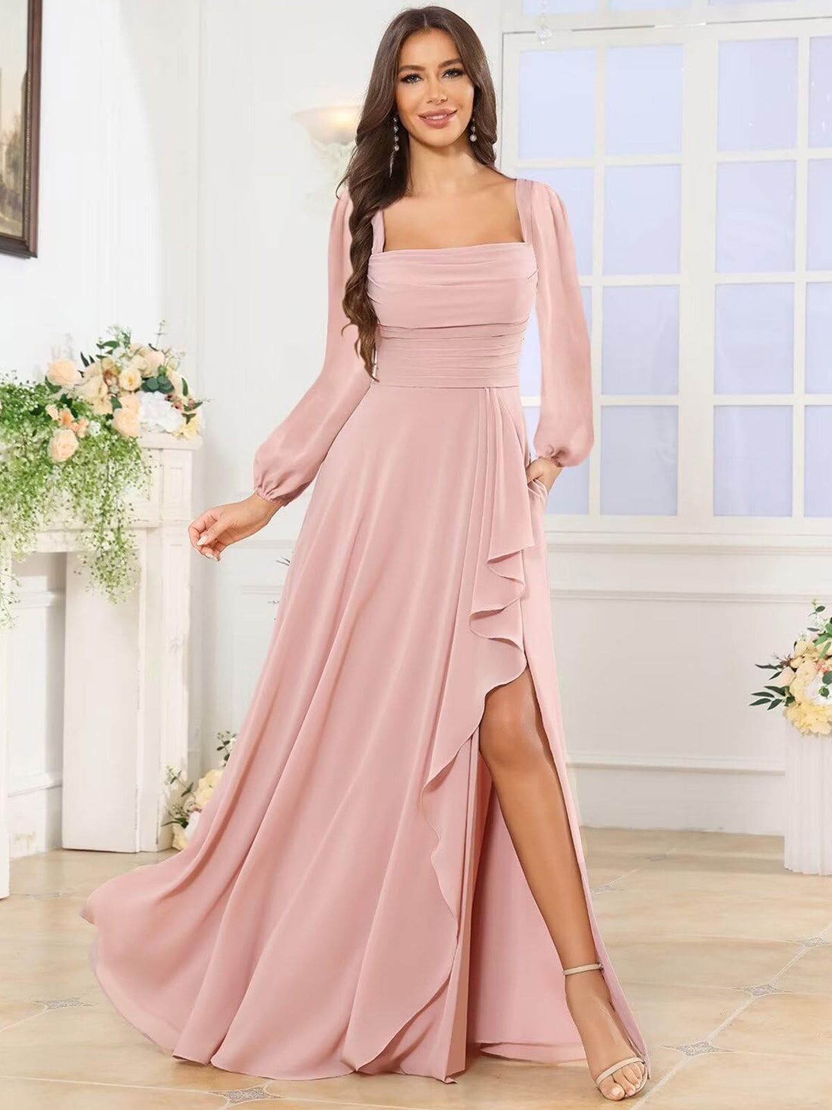 Square Neck Ruffle Slit Chiffon Long Bridesmaid Dress with Long Sleeves