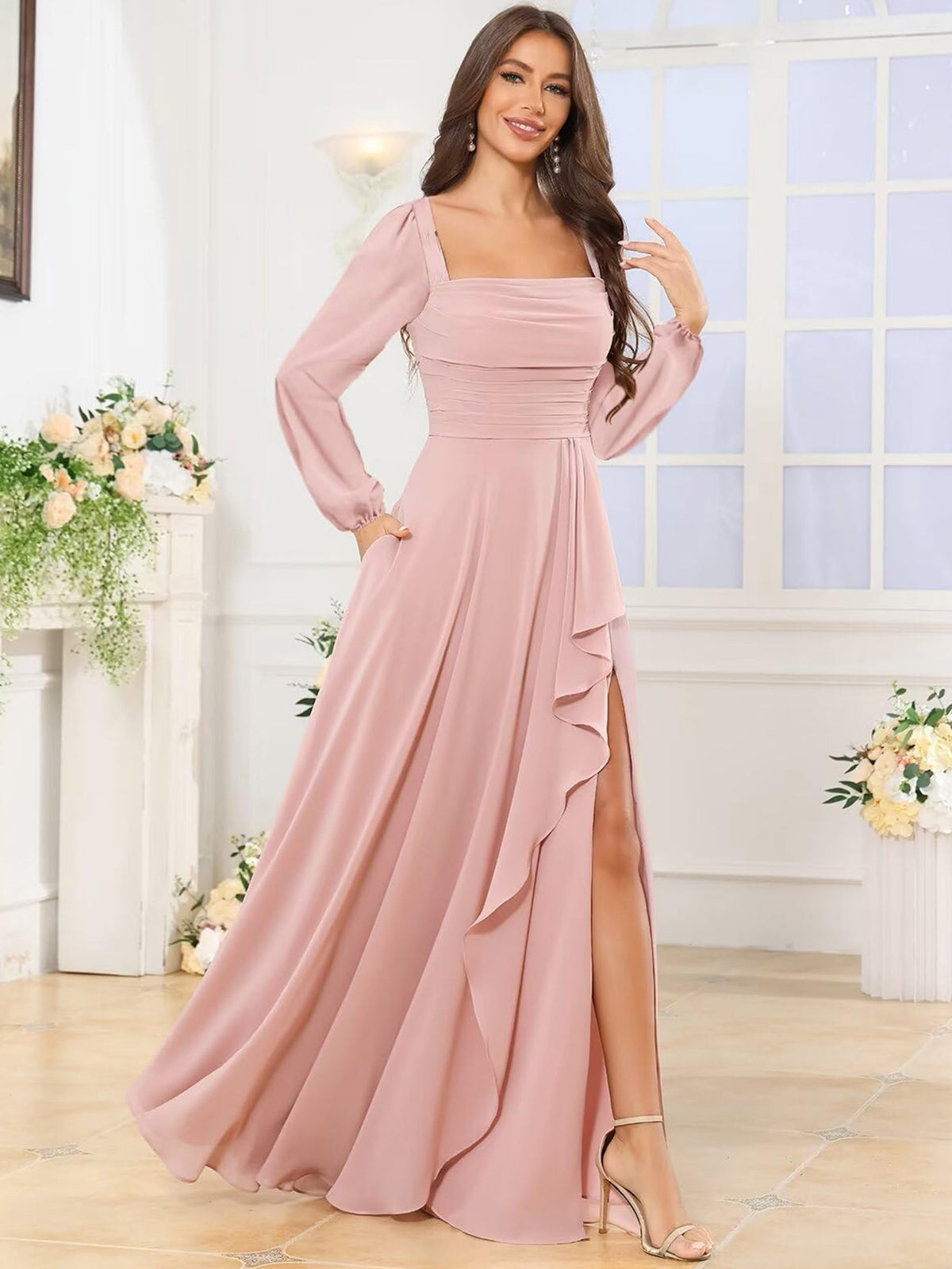 Square Neck Ruffle Slit Chiffon Long Bridesmaid Dress with Long Sleeves