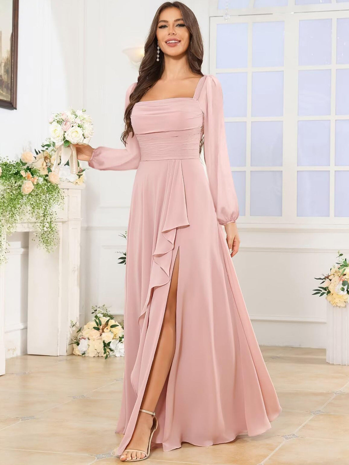 Square Neck Ruffle Slit Chiffon Long Bridesmaid Dress with Long Sleeves