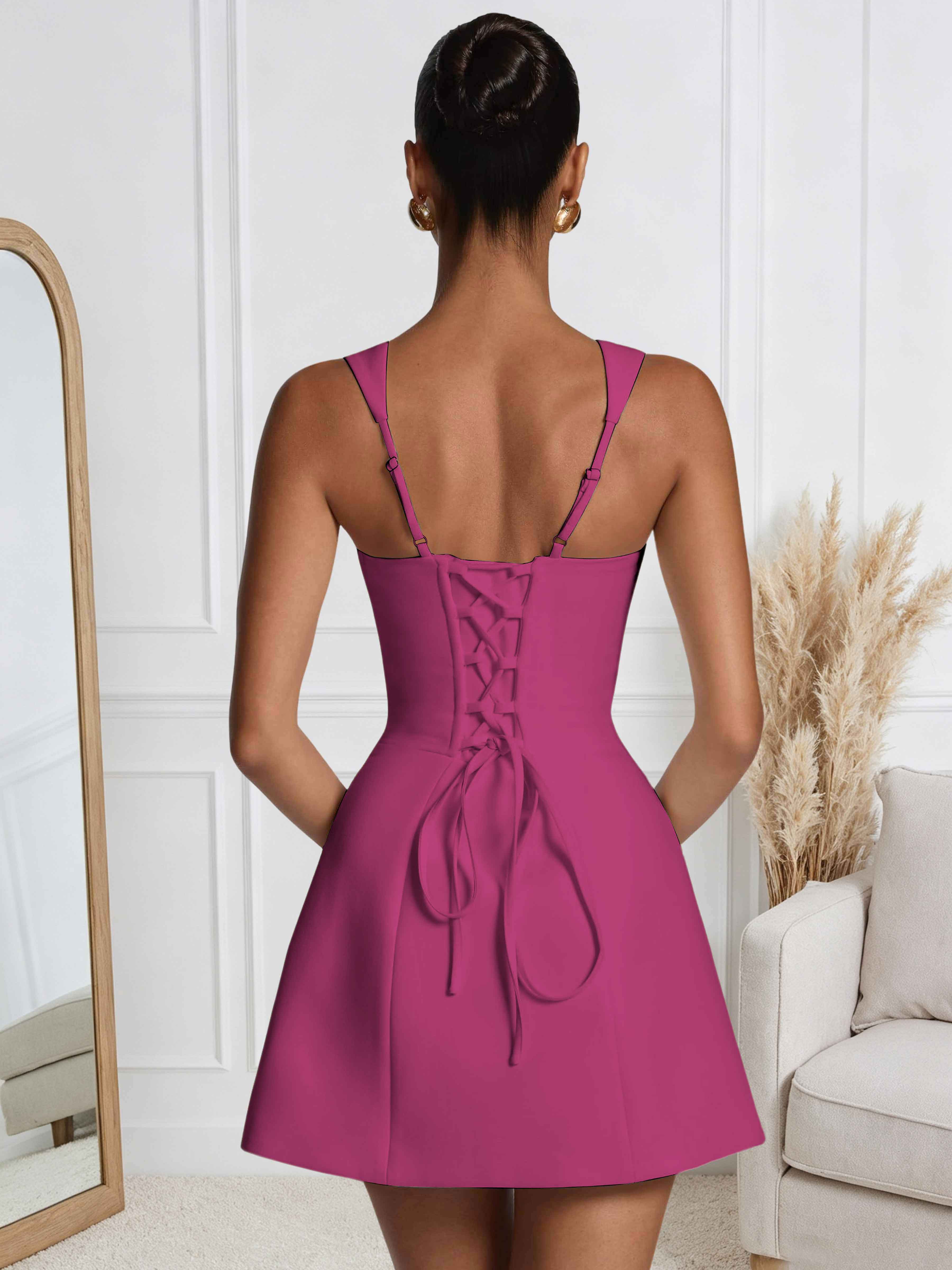 ROVDESY A-Line Square Neck Satin Homecoming Mini Dress