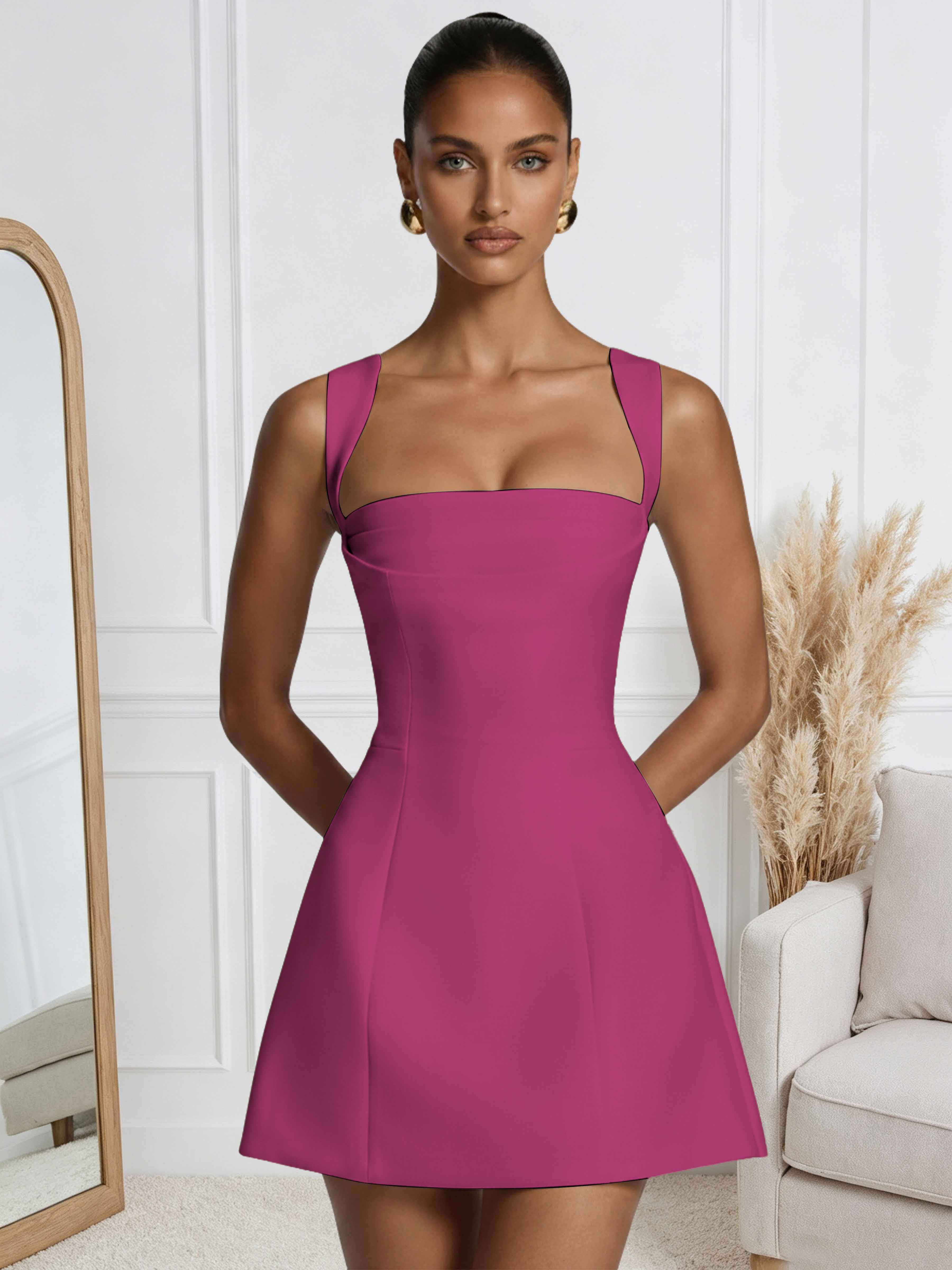 ROVDESY A-Line Square Neck Satin Homecoming Mini Dress