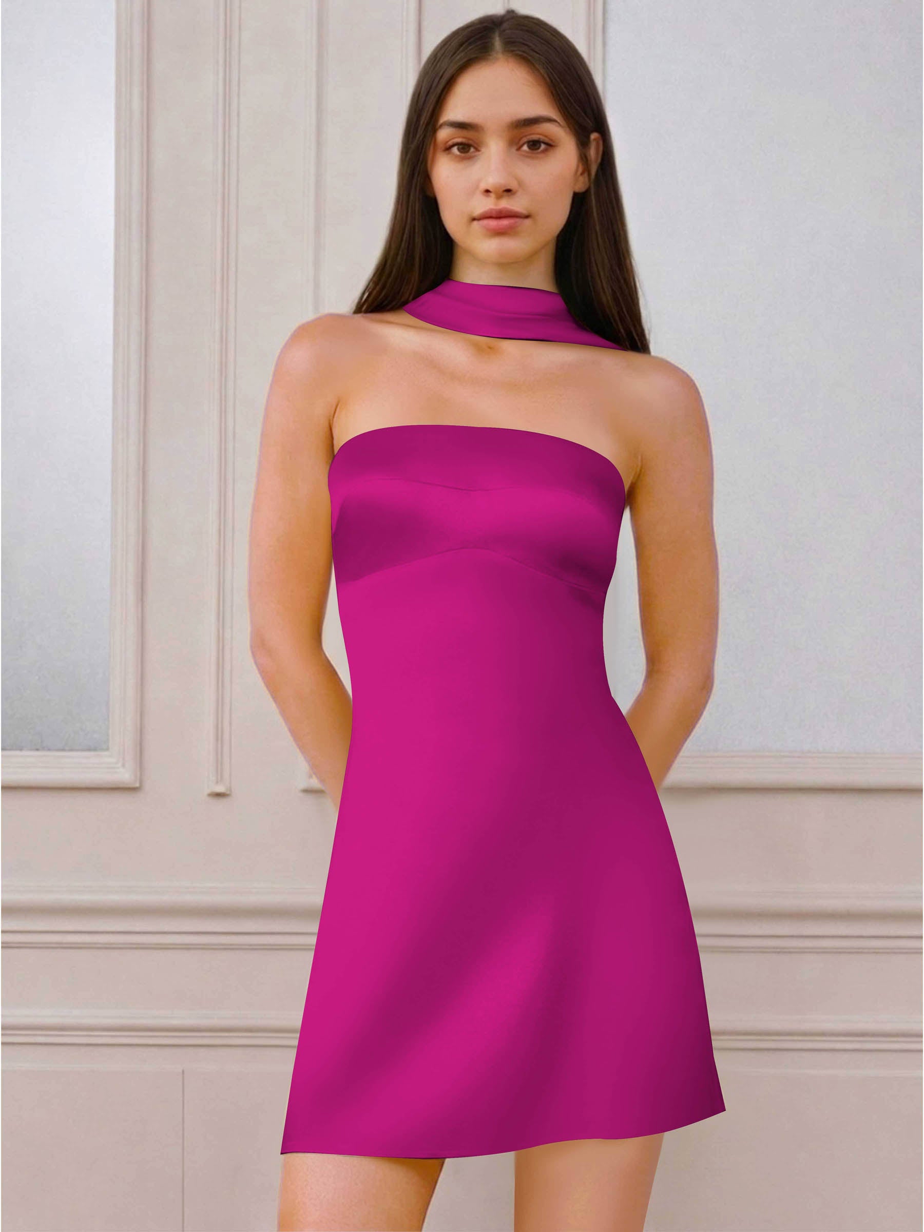 ROVDESY A-Line Halter Neck Satin Homecoming Mini Dress