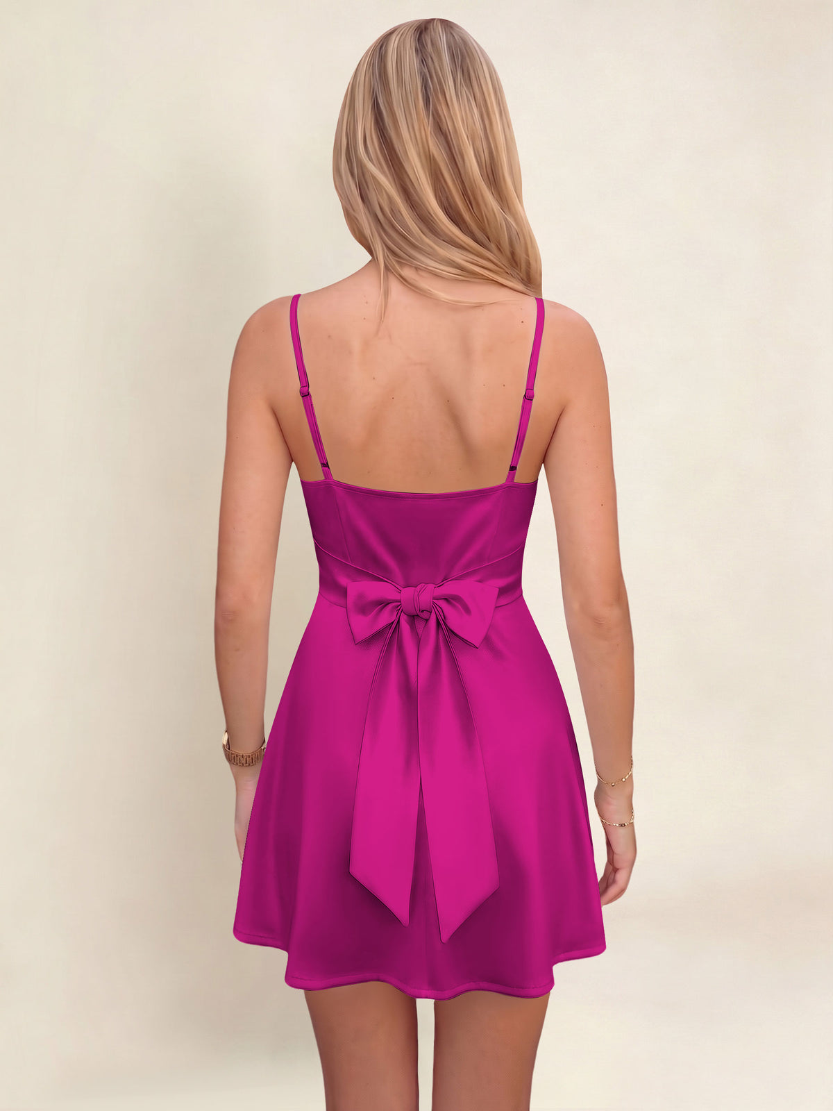 ROVDESY A-Line Spaghetti Strap Cowl Neck Satin Mini Homecoming Dress With Bow
