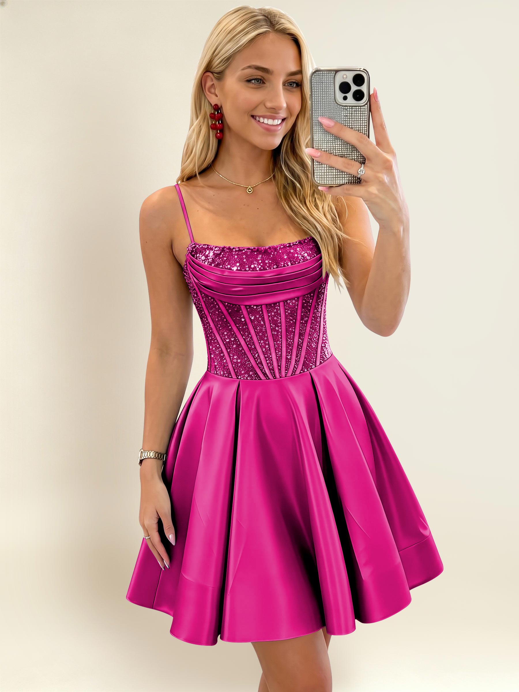 ROVDESY A-Line Spaghetti Strap Sequin Corset Satin Homecoming Mini Dress