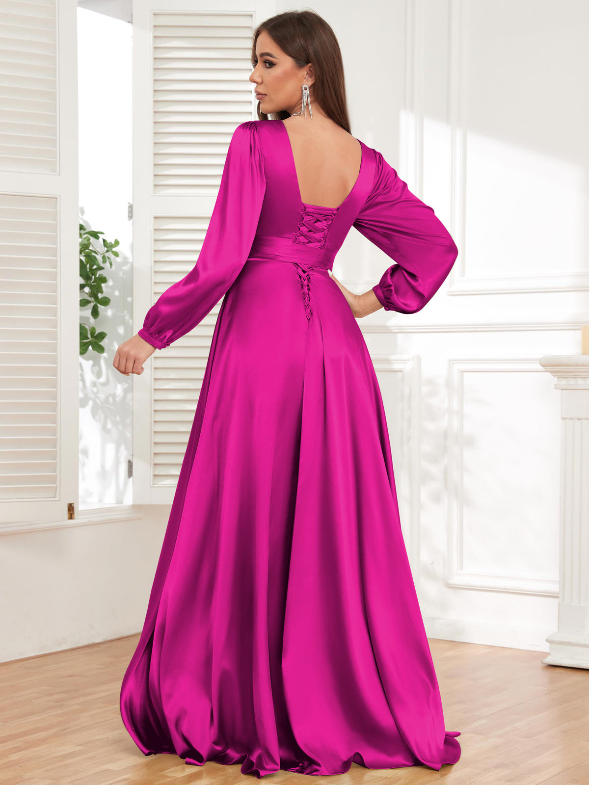 V Neck Satin Long Sleeve Bridesmaid Dress with Slit