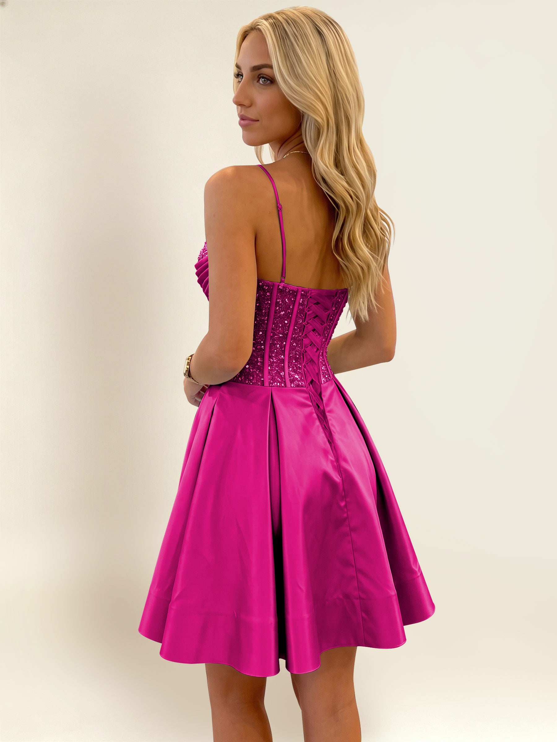 ROVDESY A-Line Spaghetti Strap Sequin Corset Satin Homecoming Mini Dress