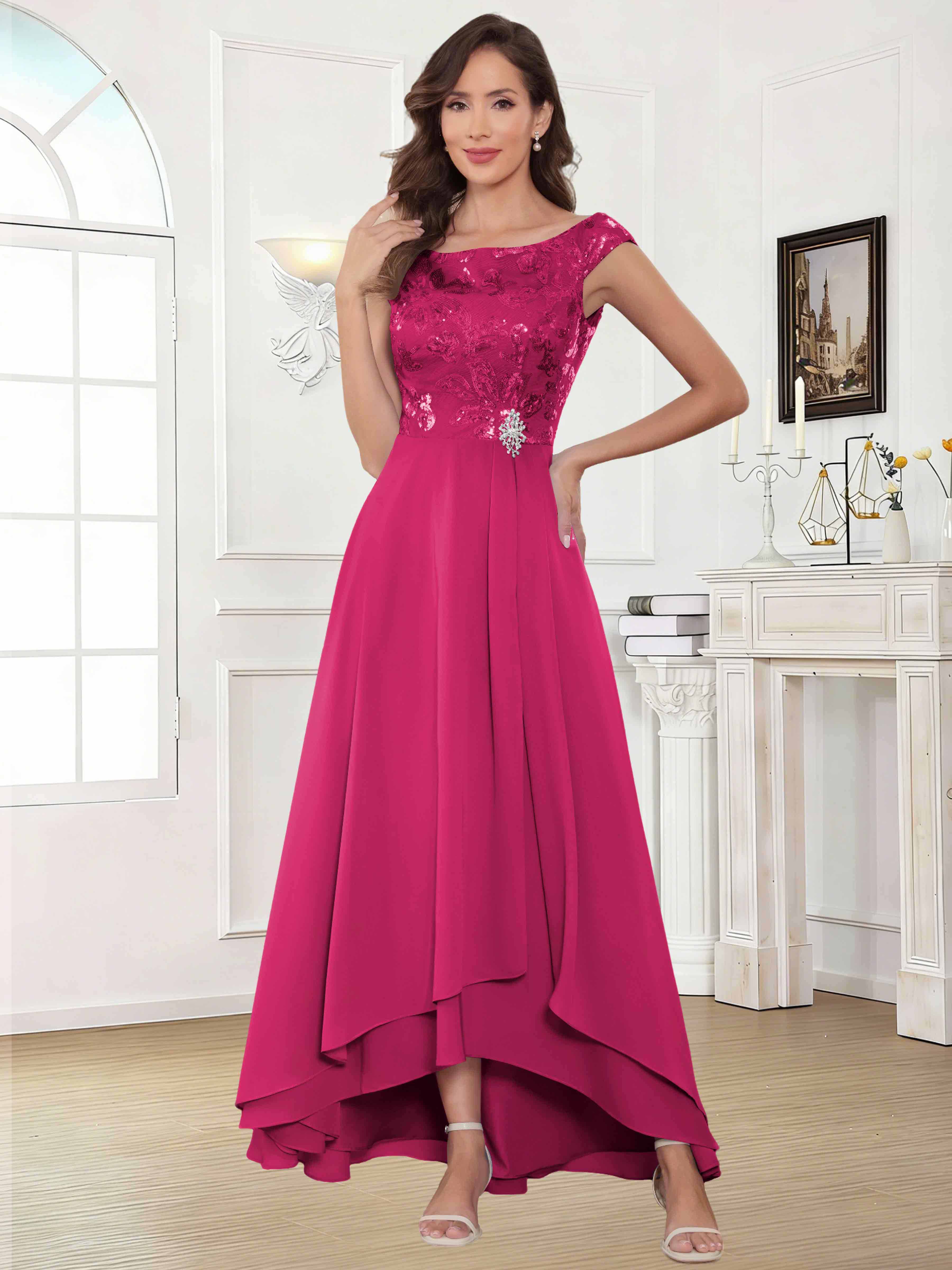 ROVDESY Tea Length Off-The-Shoulder Sequin Chiffon Mother Of The Bride Dress