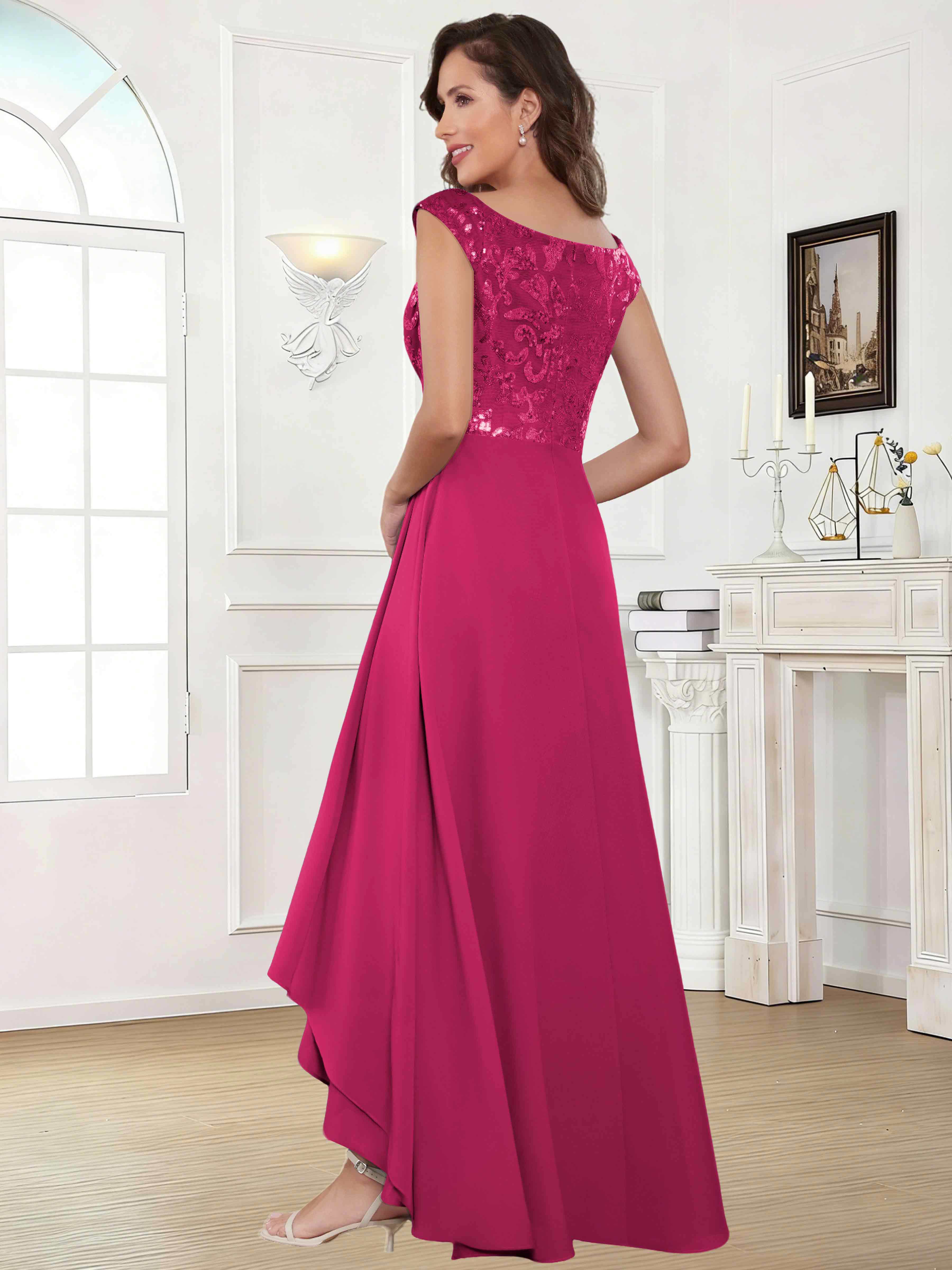 ROVDESY Tea Length Off-The-Shoulder Sequin Chiffon Mother Of The Bride Dress