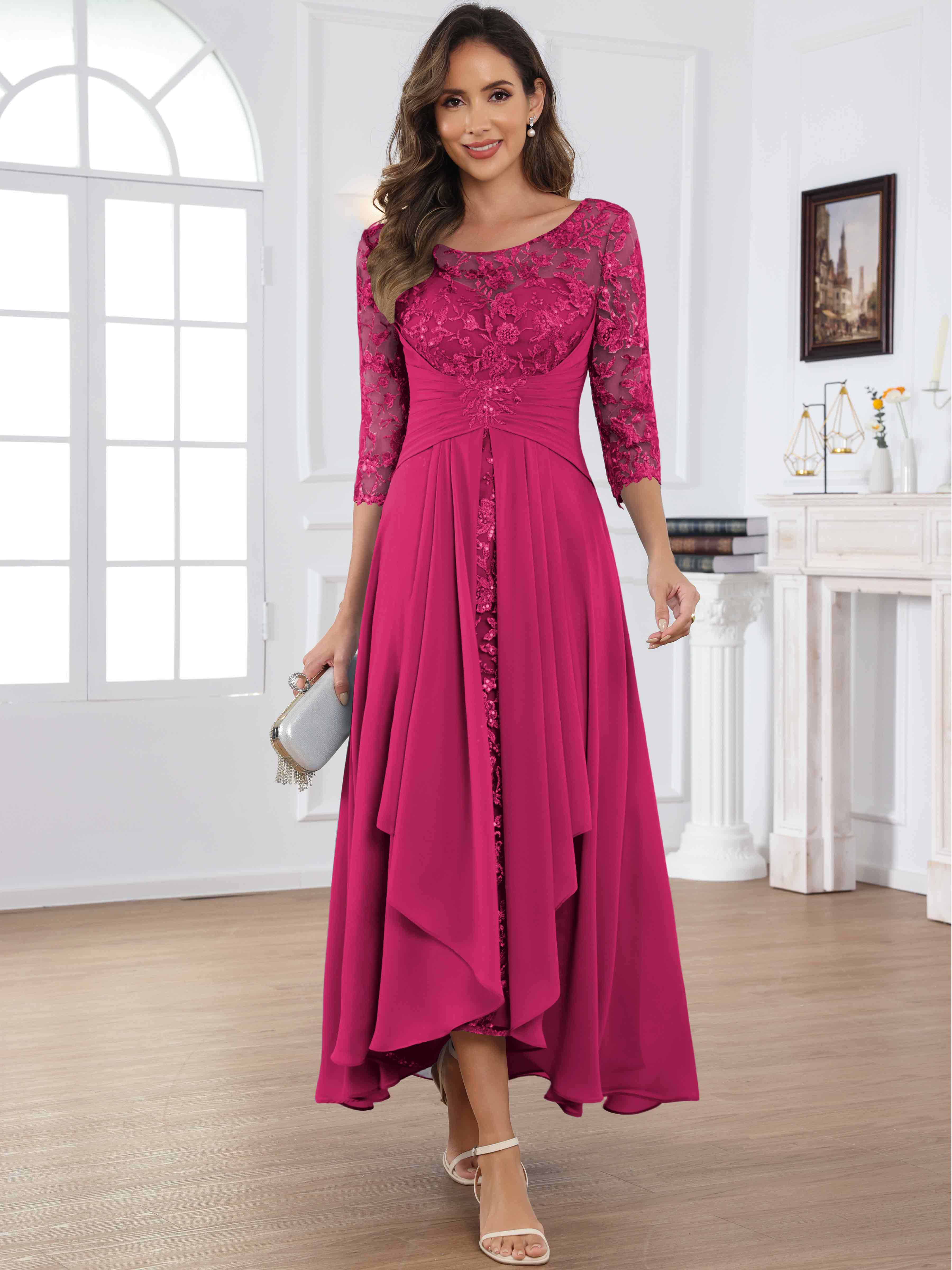 ROVDESY Tea Length Lace Chiffon Mother of The Bride Dress with 3/4 Sleeves