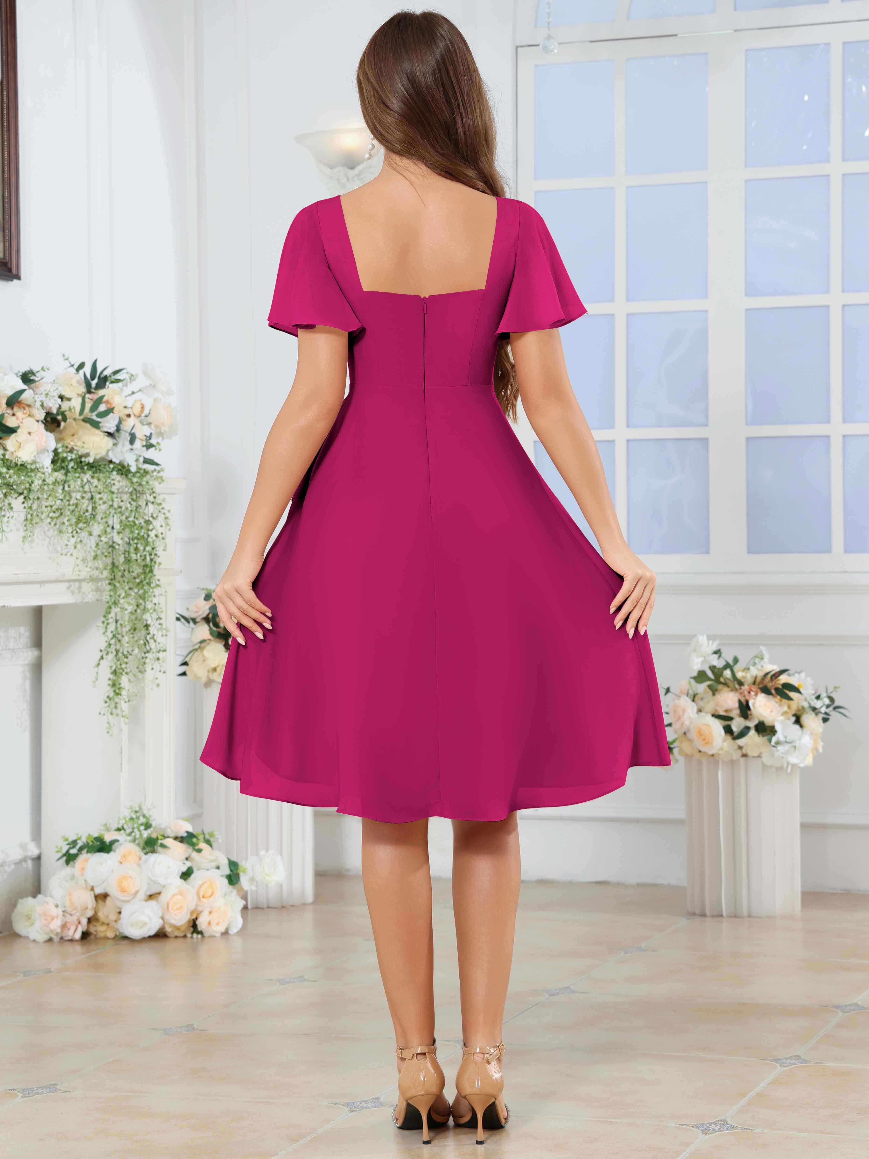 ROVDESY Knee Length V-Neck Pleated Chiffon Bridesmaid Dress With Short Sleeves